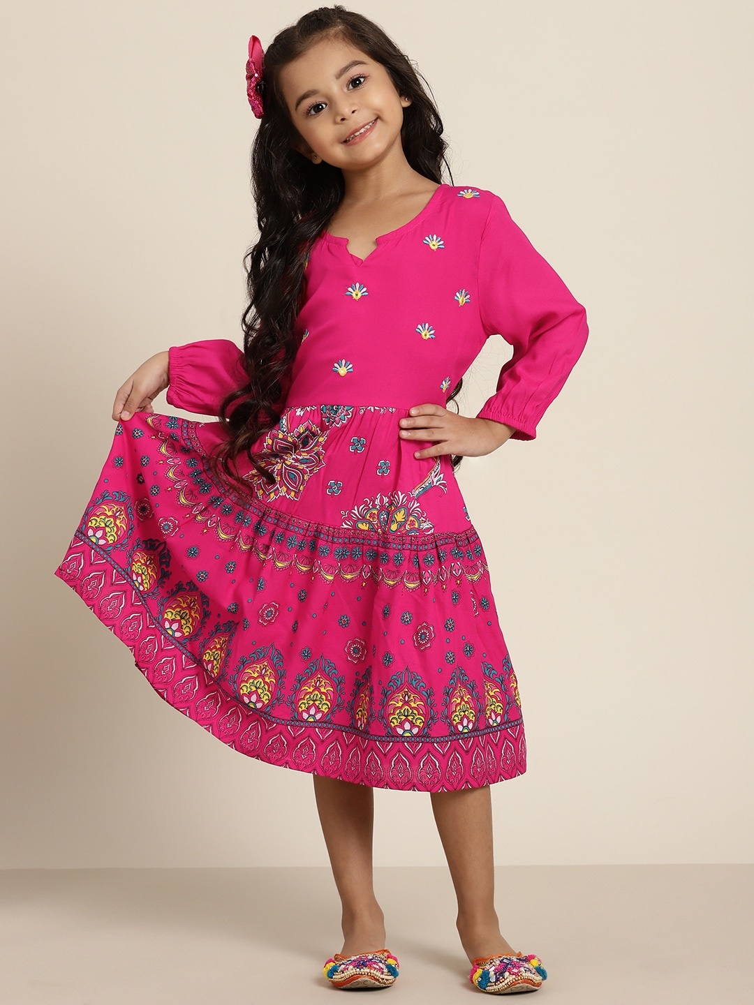 

Sangria Girls Fuchsia Pink & Teal Blue Ethnic Print Fit and Flare Dress