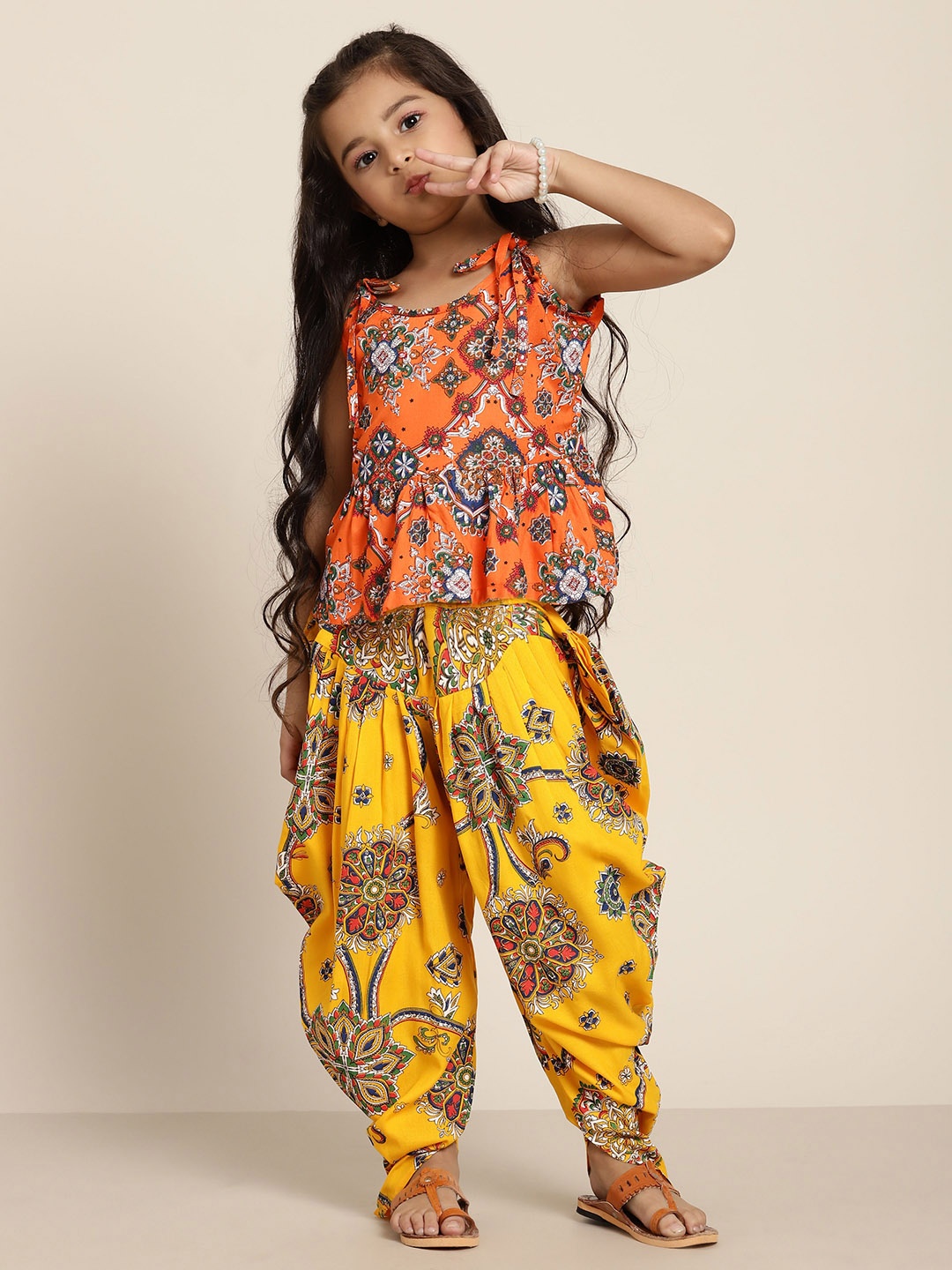 

Sangria Girls Orange & Mustard Yellow Ethnic Motifs Printed Top with Dhoti Pants