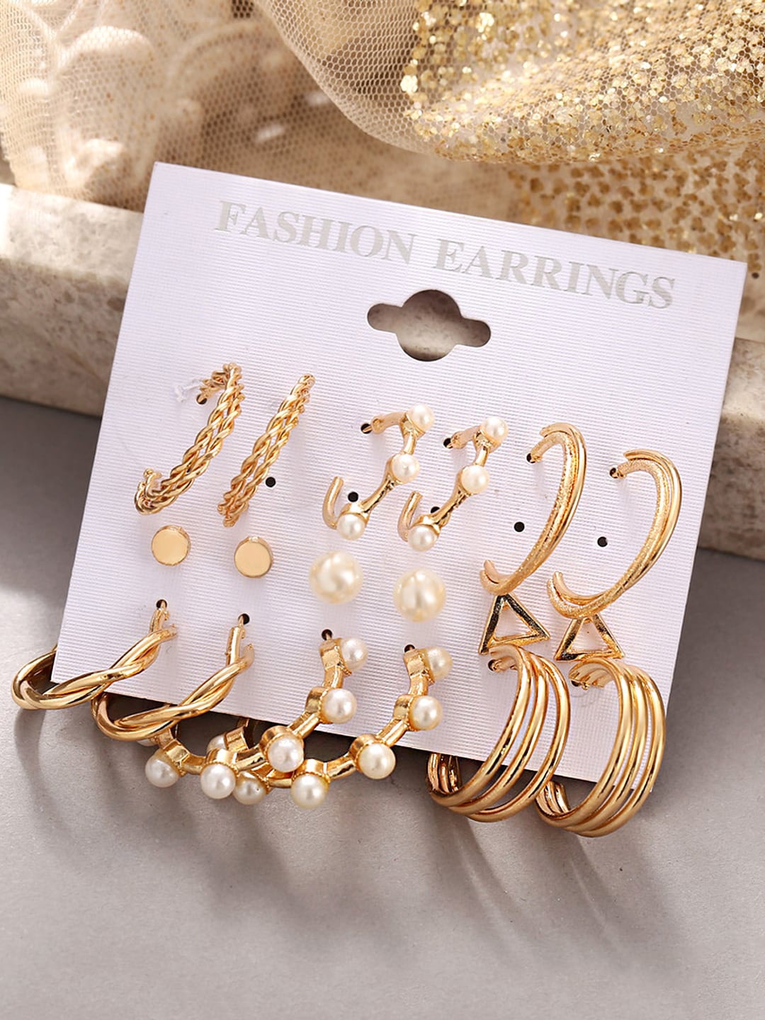 

Yellow Chimes Set of 9 Gold-Plated Quirky Studs & Hoop Earrings