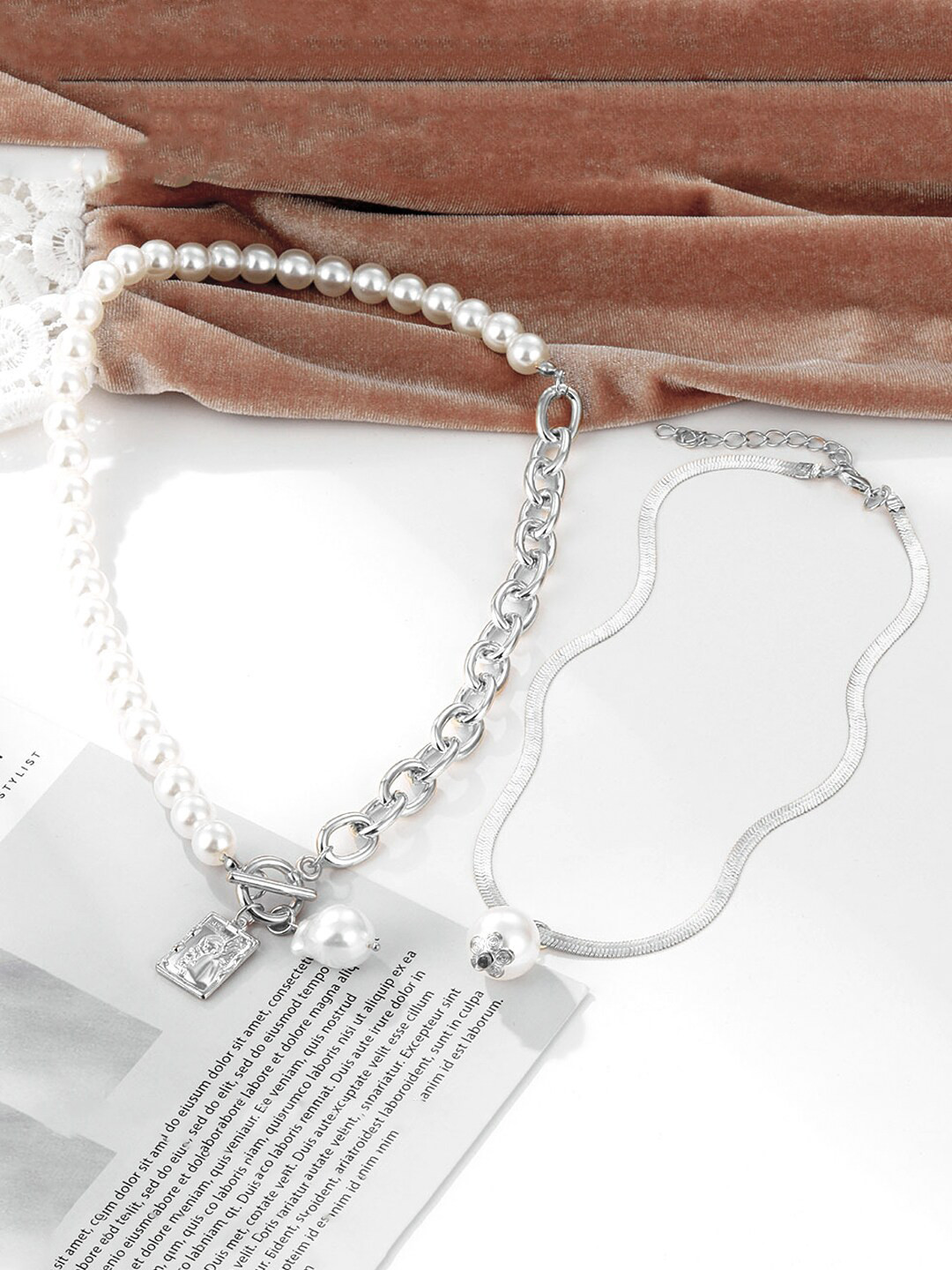 

Yellow Chimes Set Of 2 Silver-Toned & White Pearls Silver-Plated Multi Layer Necklace