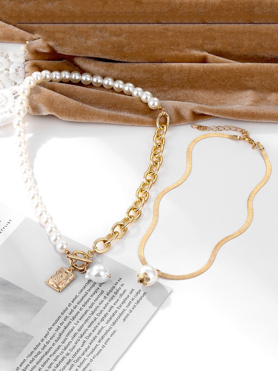 

Yellow Chimes Set of 2 Gold-Plated & White Pearls Beaded Necklace
