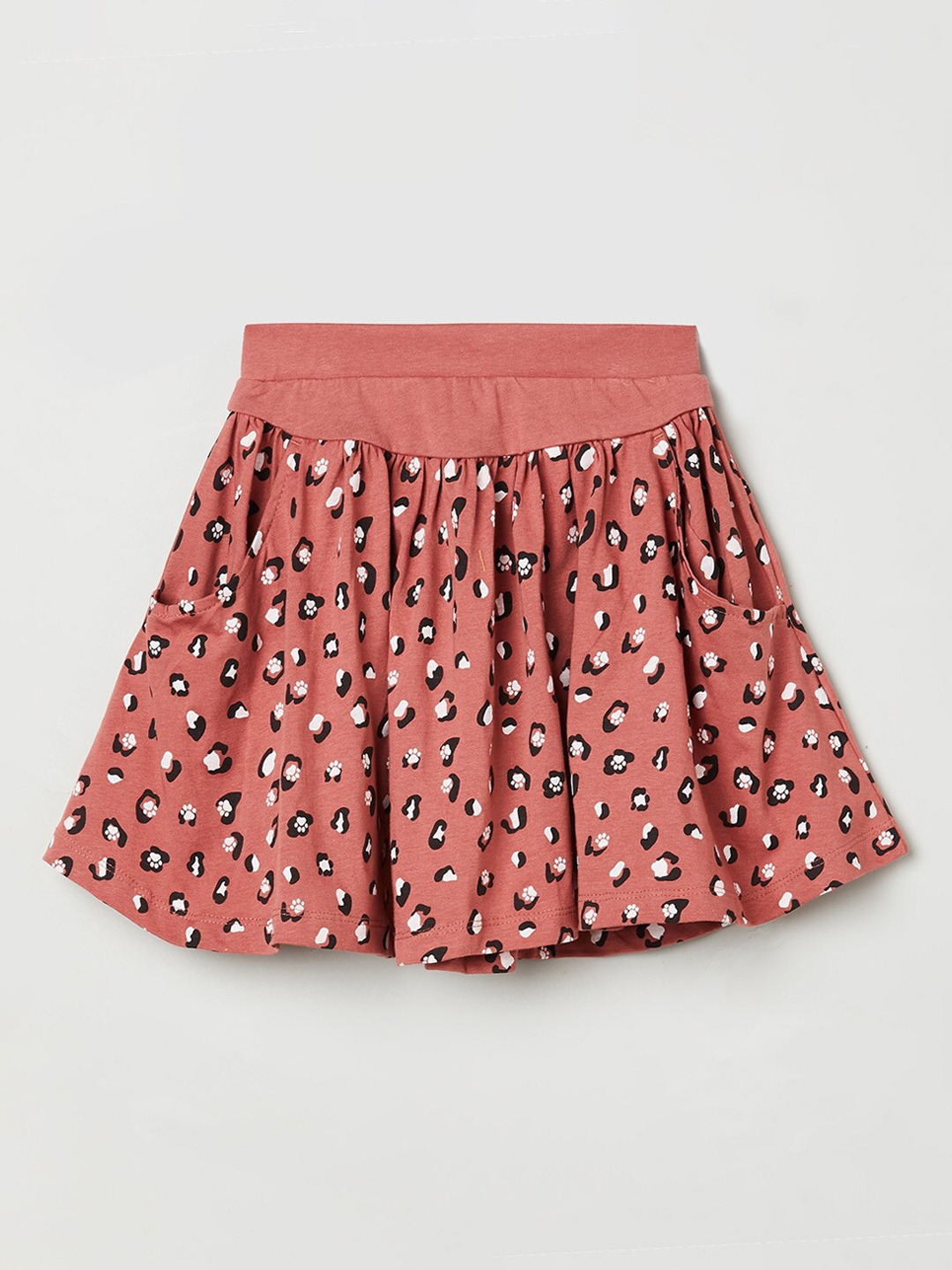

max Girls Peach-Coloured & White Animal Printed Pure Cotton Flared Mini Skirt