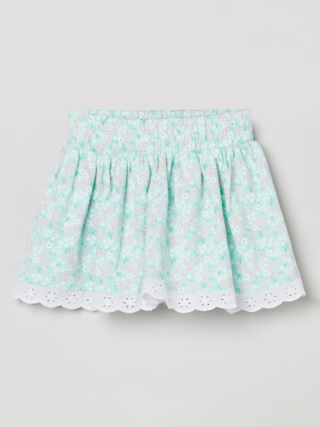 

max Girls Green & Pink Floral Printed Pure Cotton Flared Mini Skirt
