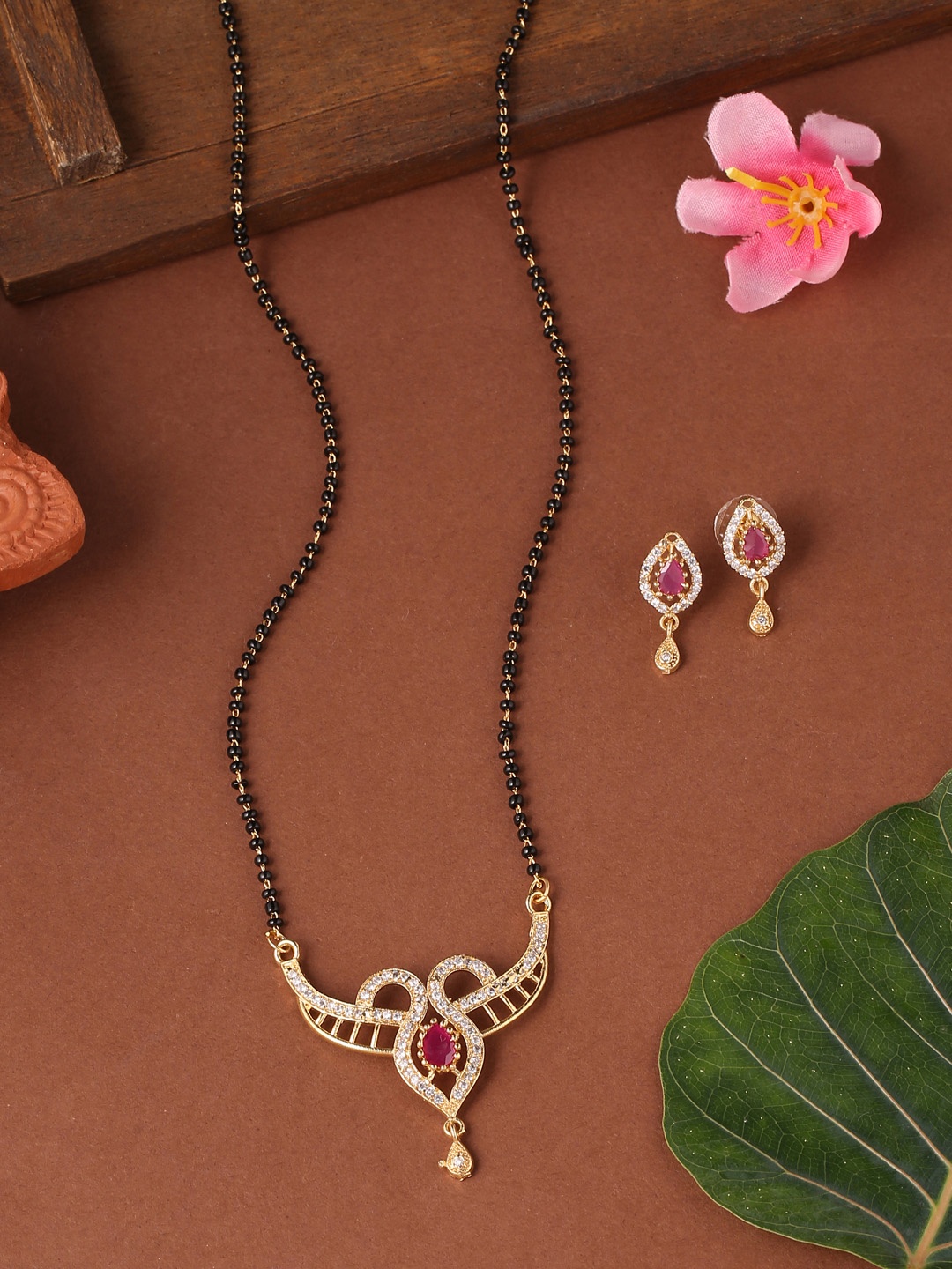 

VIRAASI Gold-Plated Pink Stone-Studded Mangalsutra with Earrings Set