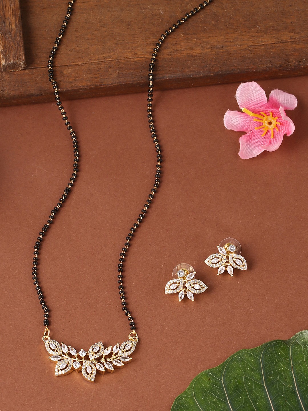 

VIRAASI Gold-Plated White Stone-Studded Mangalsutra With Earrings Set