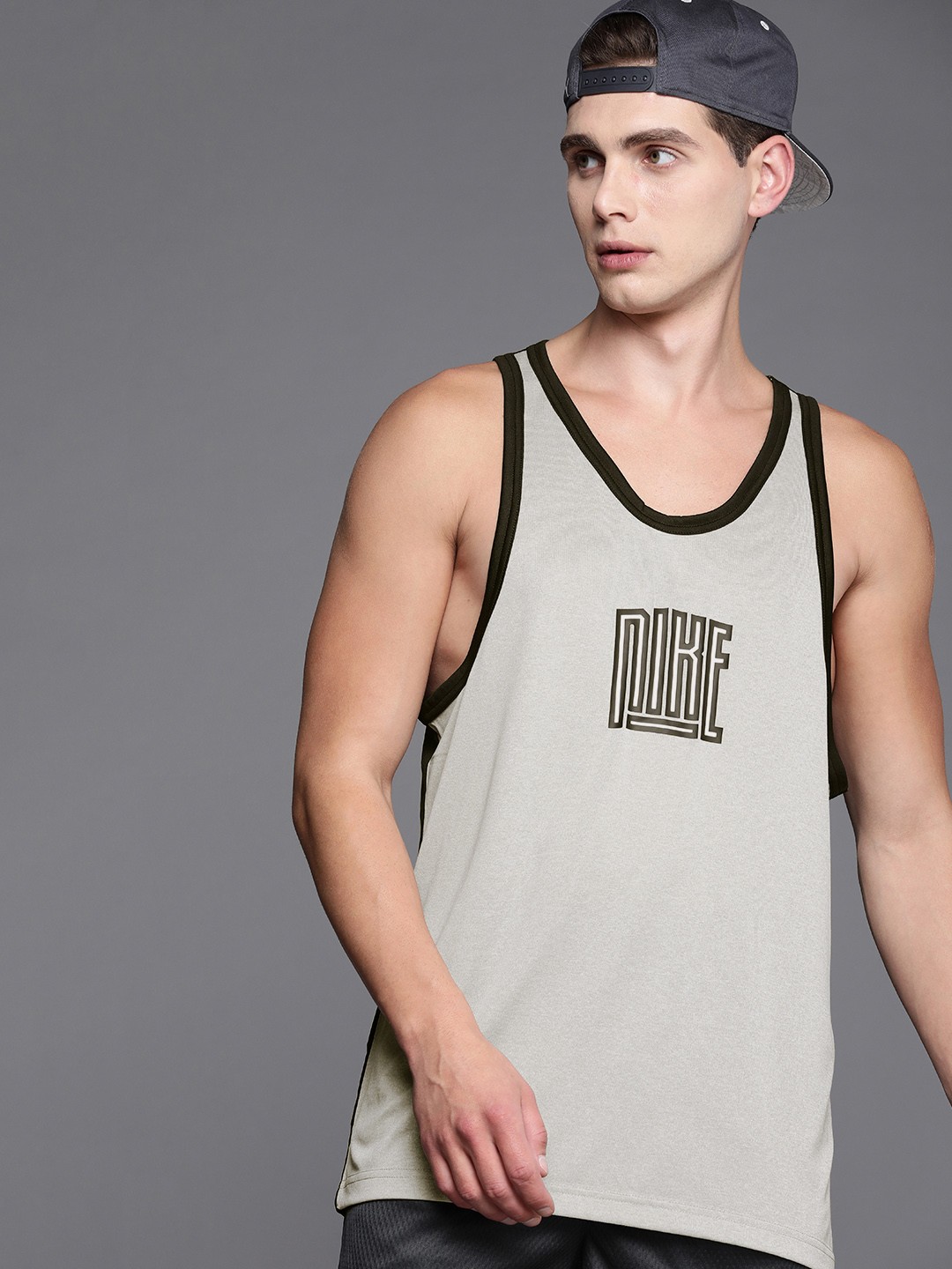 

Nike Men Grey & Black Brand Logo Printed Sleeveless Dri Fit T-shirt