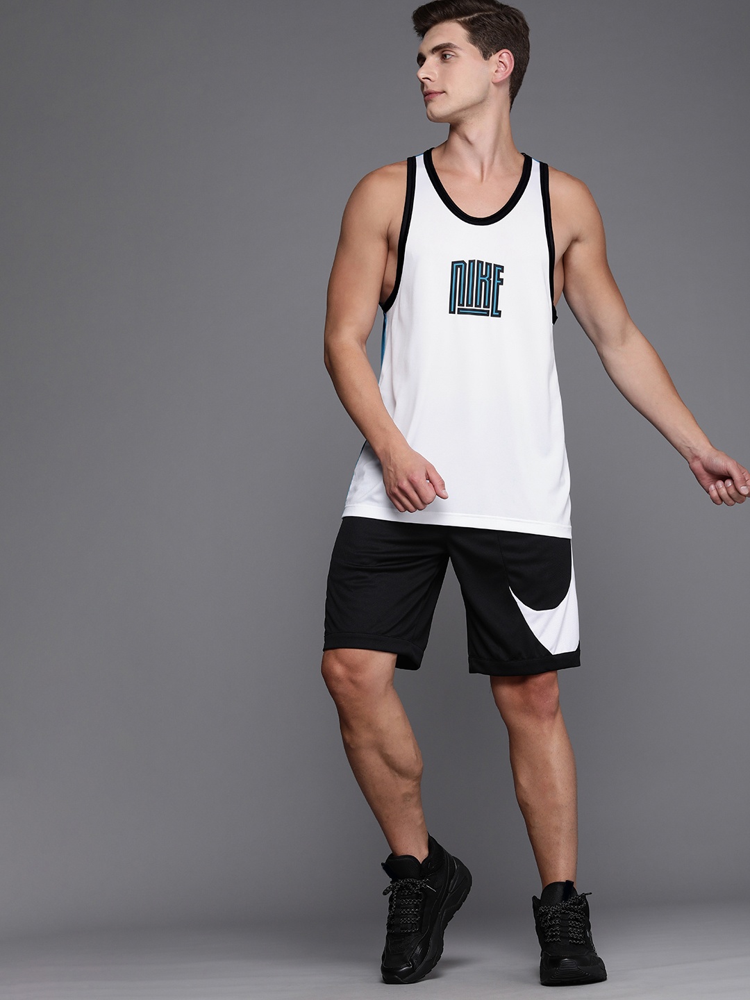 

Nike Men Blue & White Brand Logo Printed Dry Fit Sleeveless T-shirt