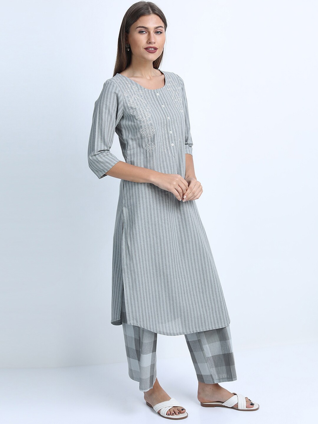 

Vishudh Women Grey Striped Thread Work Pure Cotton Kurta with Trousers