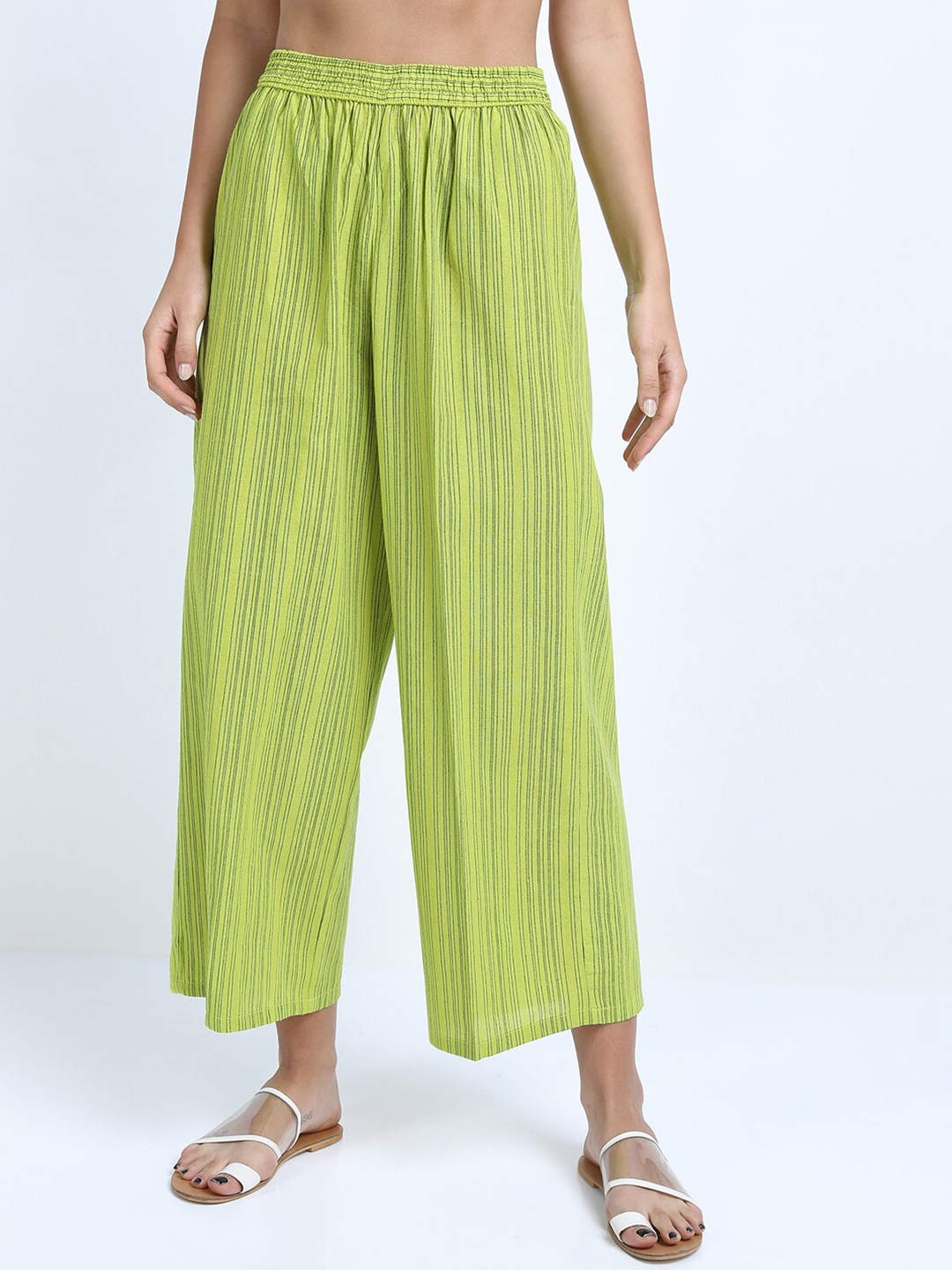 

Vishudh Women Lime Green Striped Cotton Ethnic Palazzos