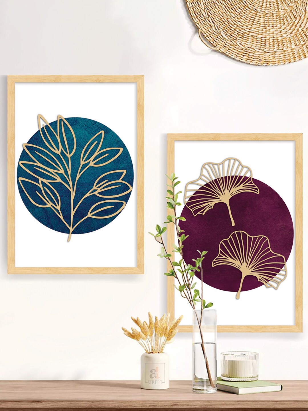 

Art Street Set of 2 Blue & Red Boho MDF Embosed 3D Framed Art Print Wall Decor, Gold