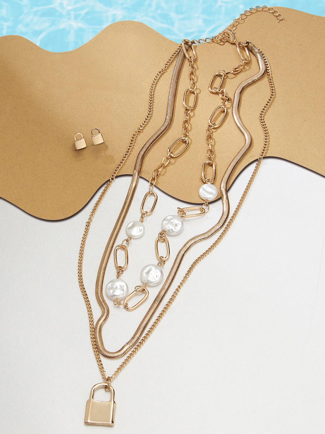

AMI Gold-Plated Pearl Beaded 3 Layers Necklace & Stud Set