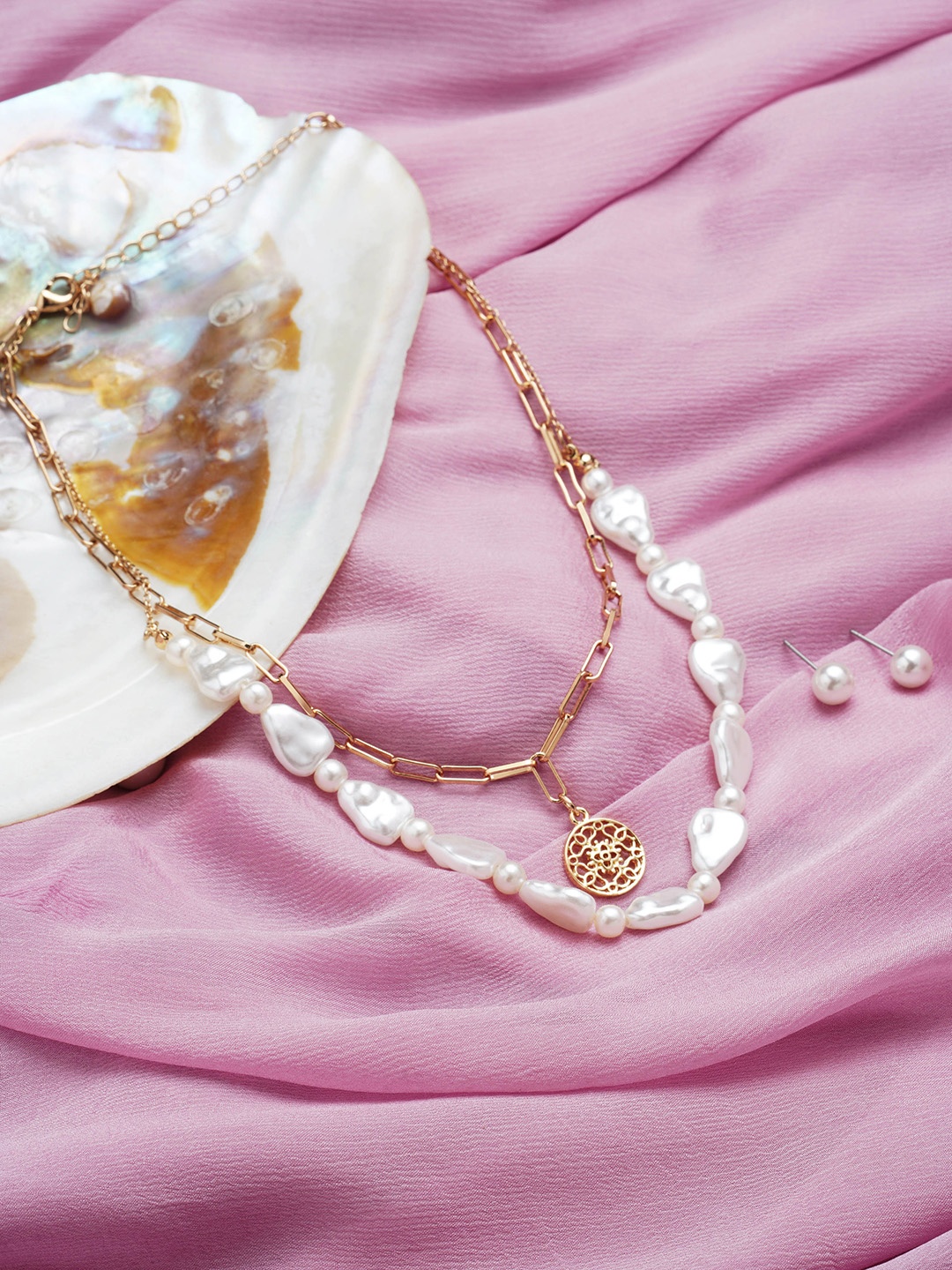 

AMI Gold-Plated White Pearls Beaded Layered Jewellery Set