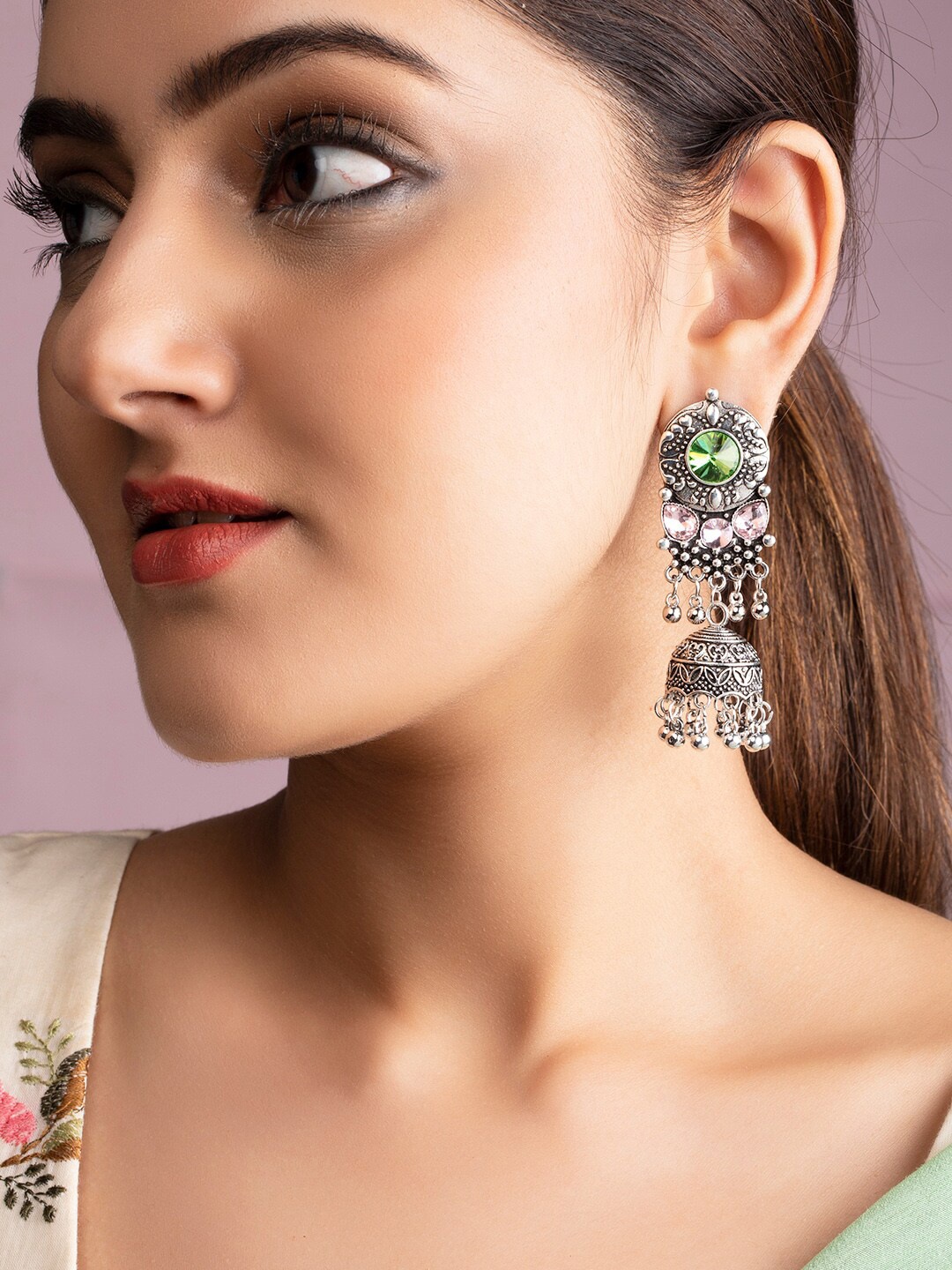 

TOKYO TALKIES X rubans FASHION ACCESSORIES Silver-Toned & Green Dome Shaped Jhumkas Earrings