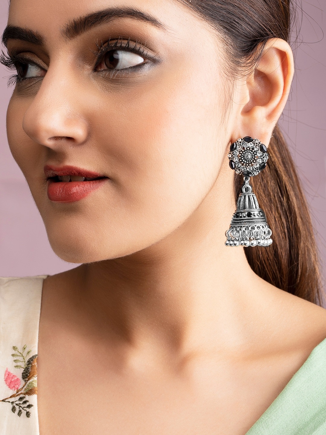 

TOKYO TALKIES X rubans FASHION ACCESSORIES Silver-Toned Dome Shaped Jhumkas Earrings