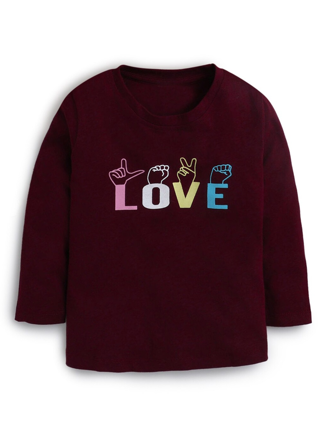 

Hopscotch Girls Burgundy Typography Printed Cotton T-shirt