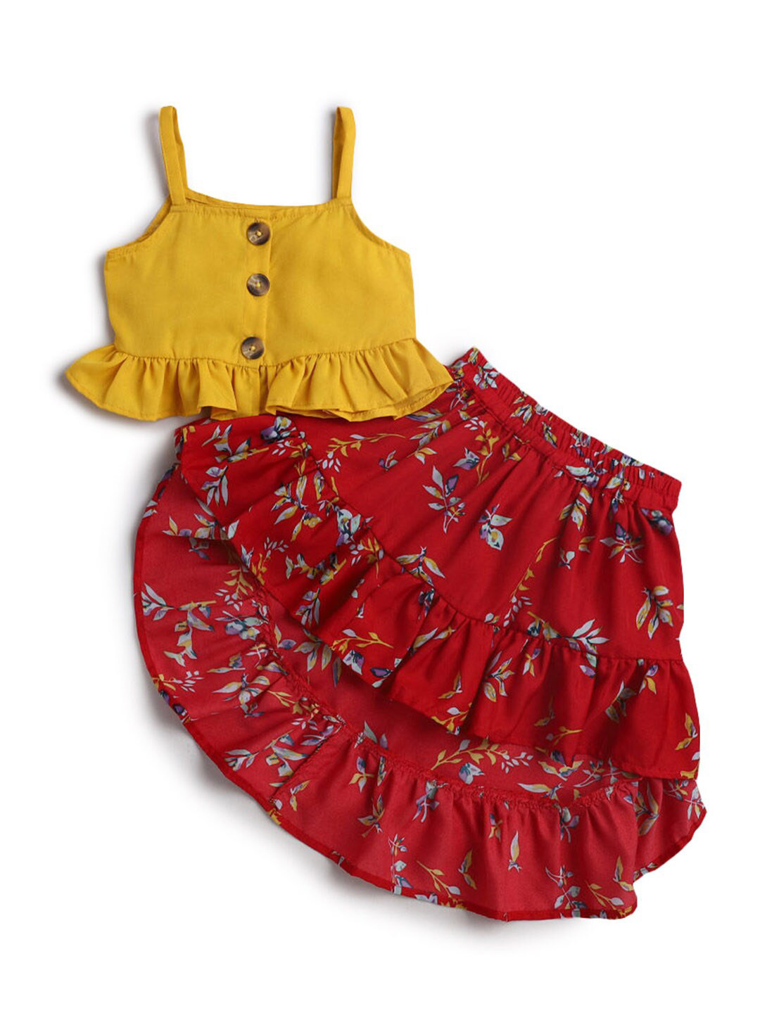 

Hopscotch Girls Red Printed Top with High Low Skirt