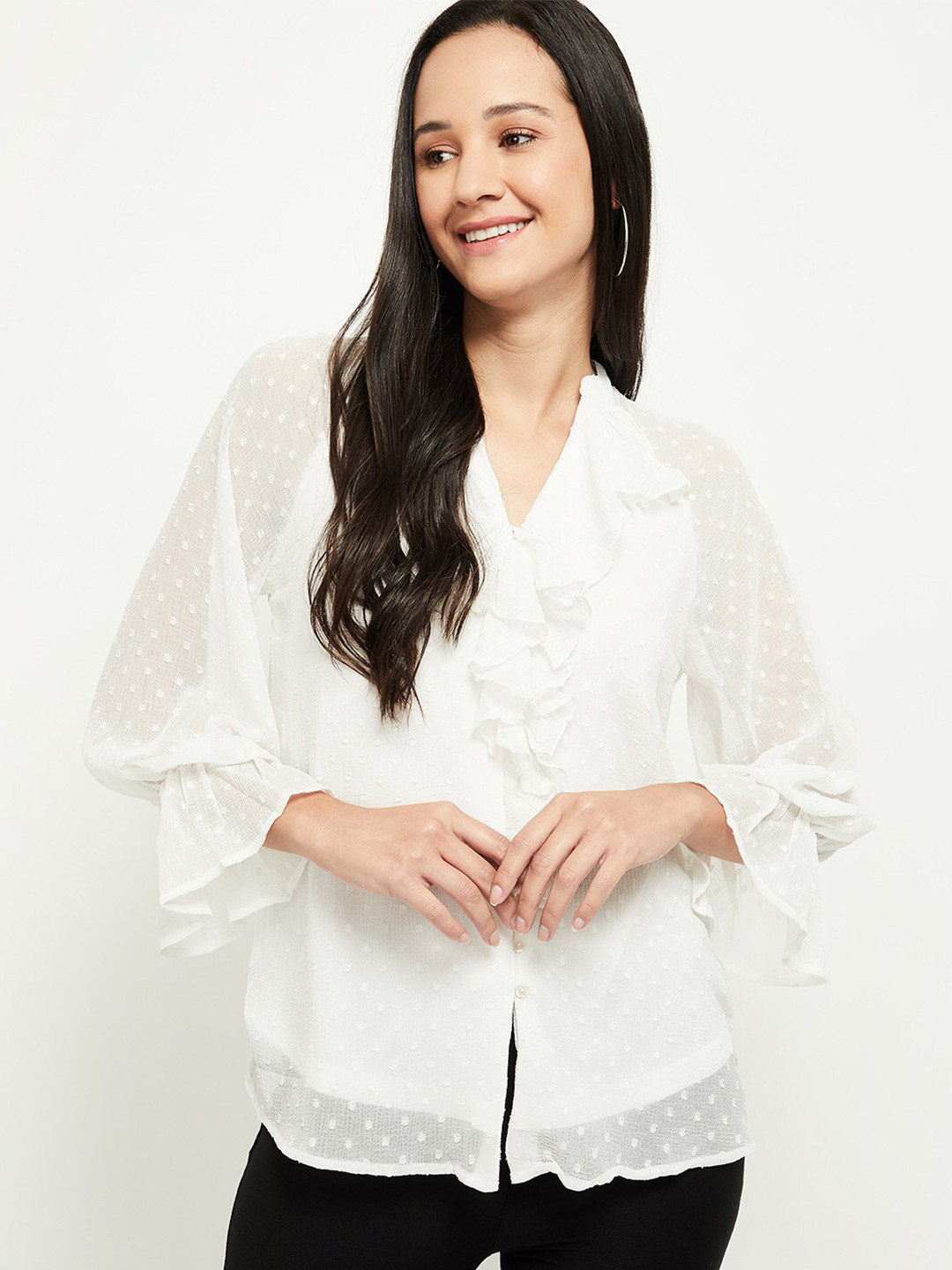 

max White Self Design Ruffles Top