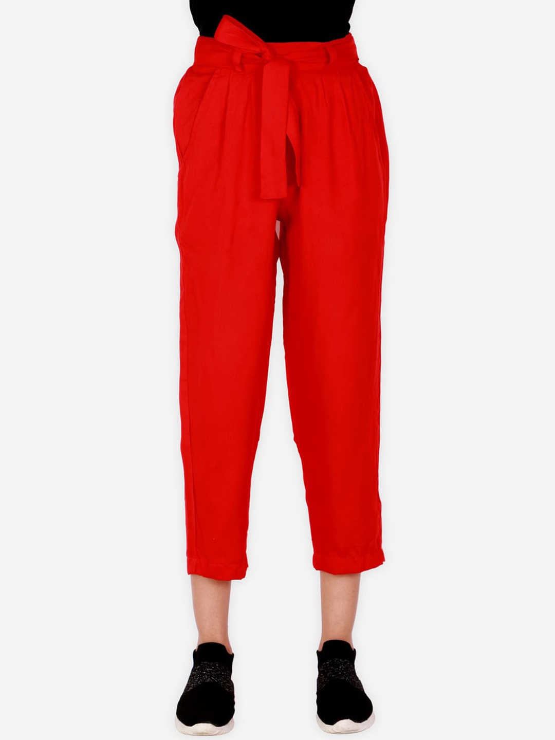 

YK Girls Red Solid High-Rise Pleated Trousers