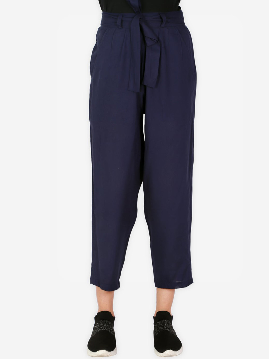 

YK Girls Navy Blue High-Rise Pleated Trousers With Fabric Belt