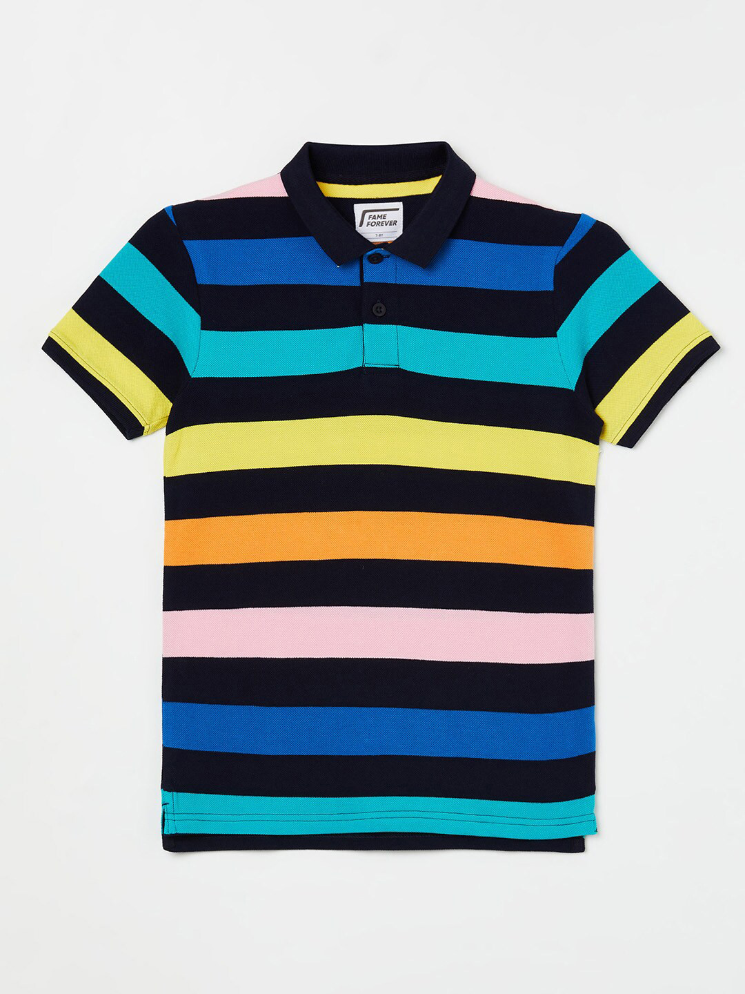 

Fame Forever by Lifestyle Boys Multicoloured Striped Polo Collar Pure Cotton T-shirt, Multi