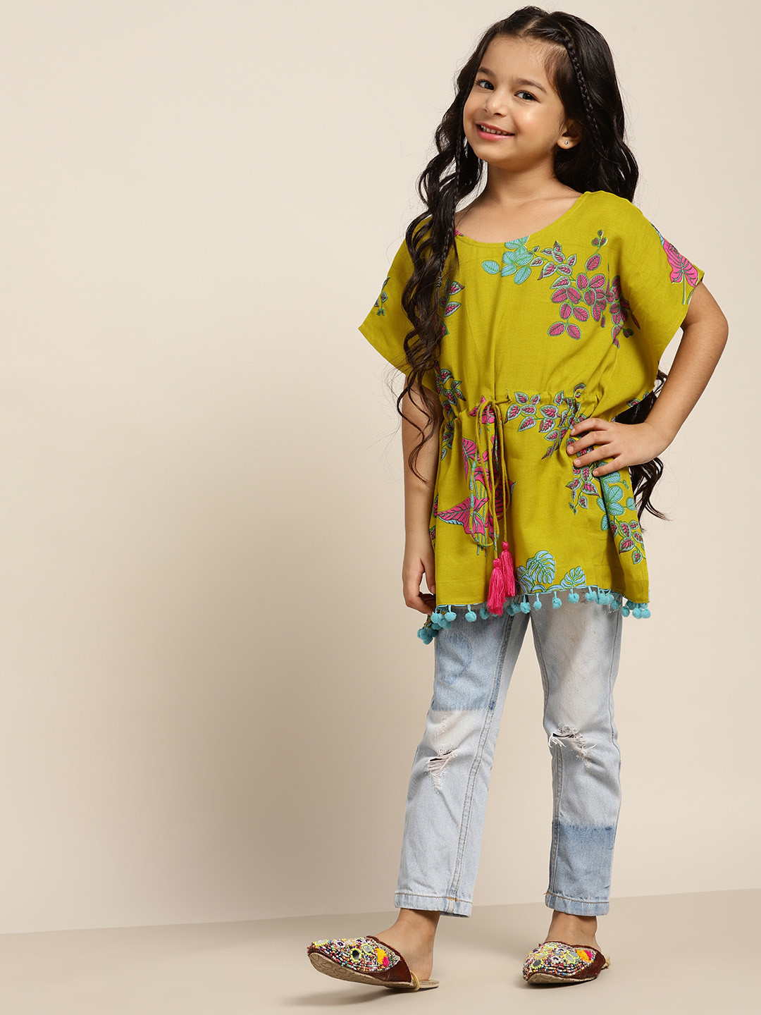 

Sangria Girls Mustard Yellow & Pink Ecovero Leaf Print Kaftan Top