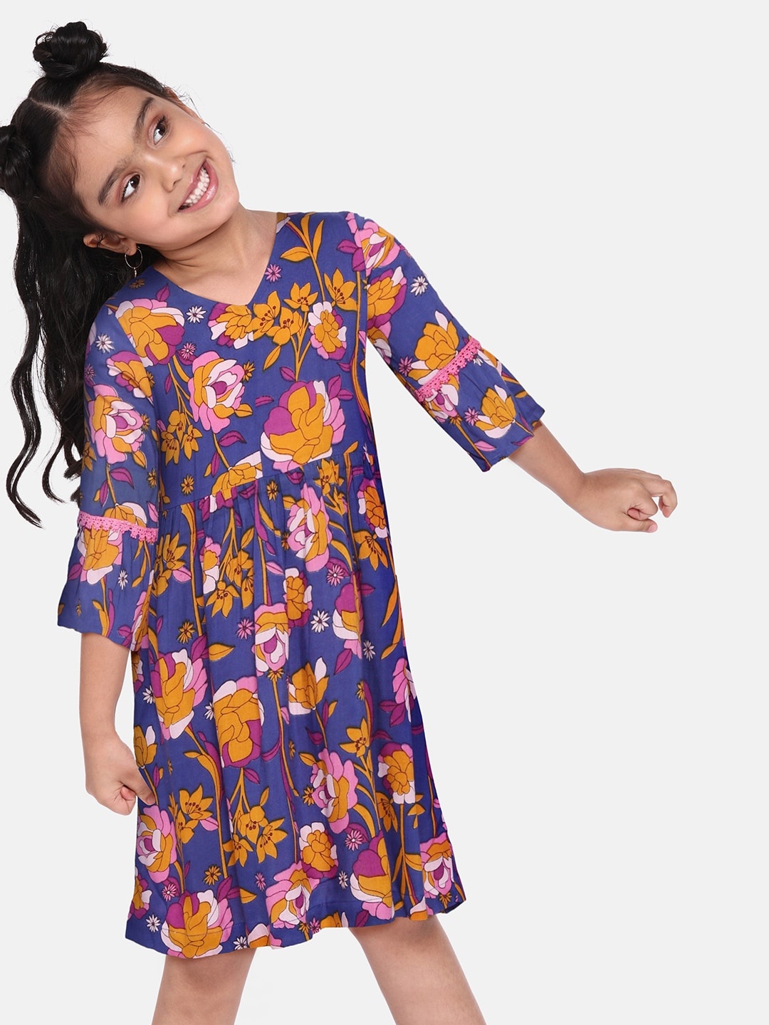 

Sangria Girls Navy Blue & Pink Floral Print Fit and Flare Dress