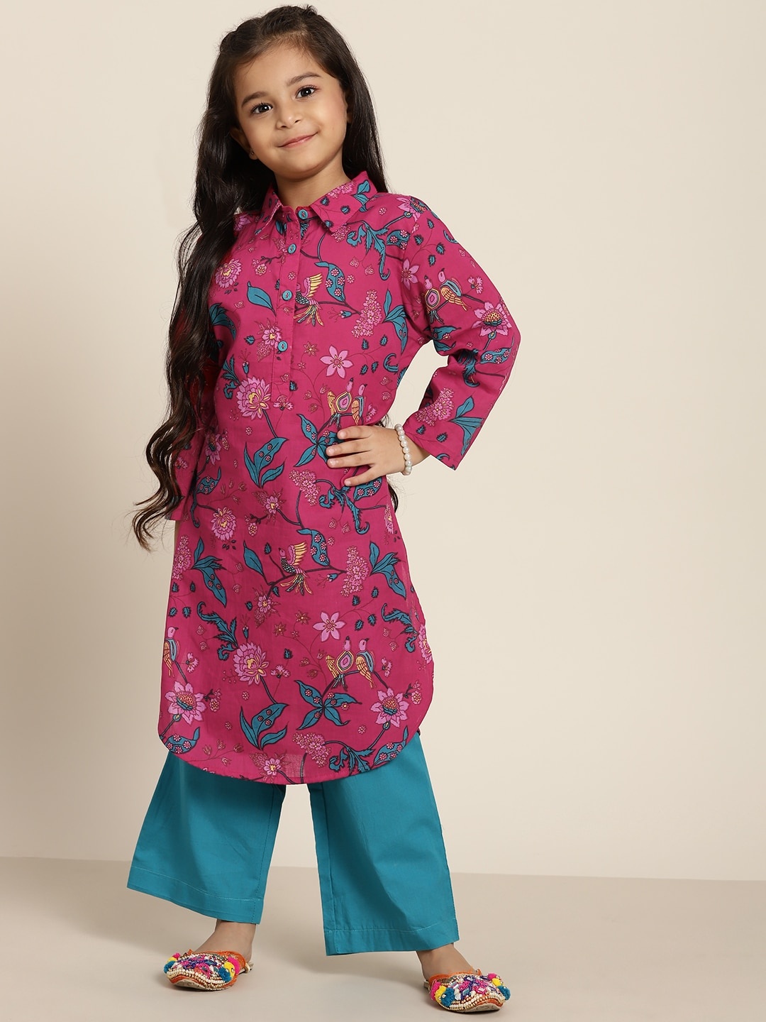 

Sangria Girls Fuchsia & Teal Green Floral Print Pure Cotton Kurti with Trousers