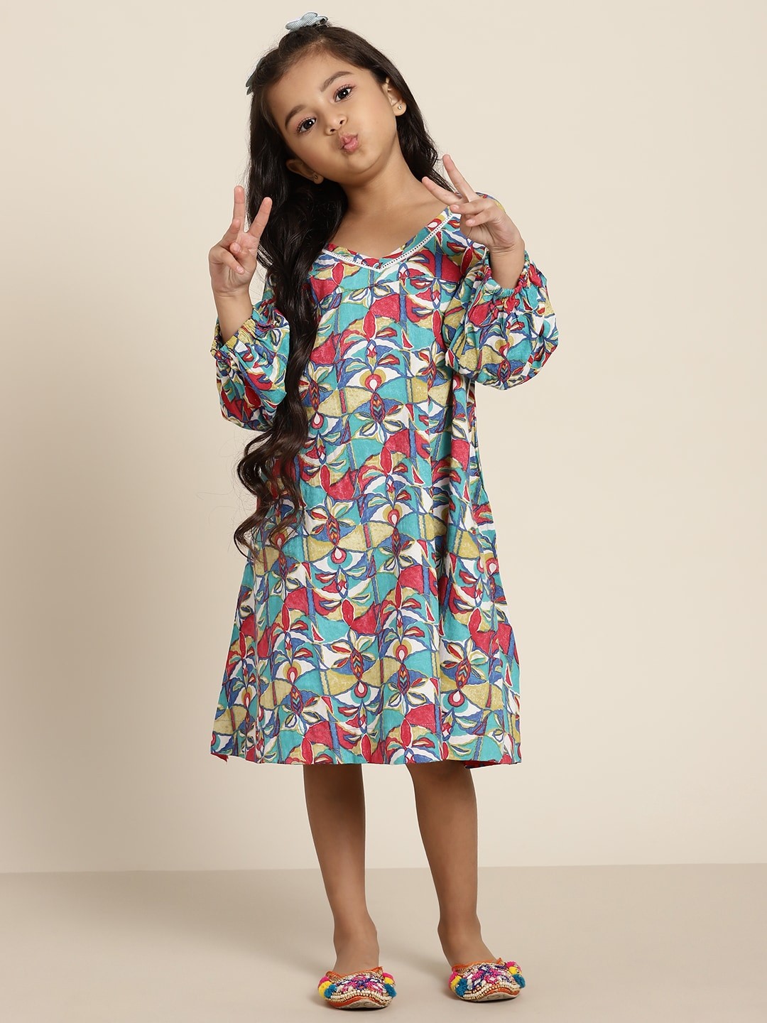 

Sangria Girls Multicoloured Ethnic Motifs Print A-Line Dress with Lace Inserts, Multi