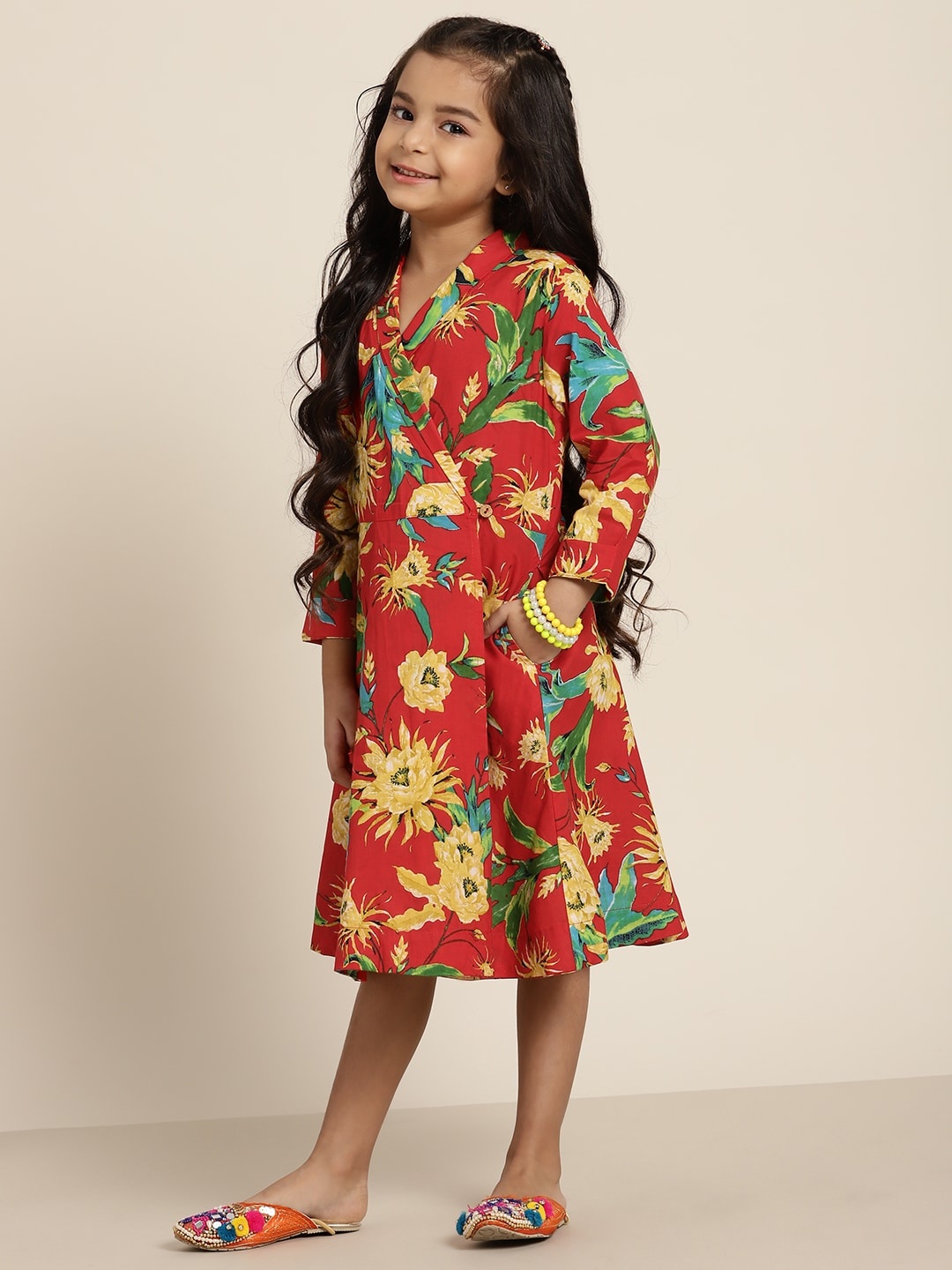 

Sangria Girls Red & Yellow Pure Cotton Floral Print Wrap Dress