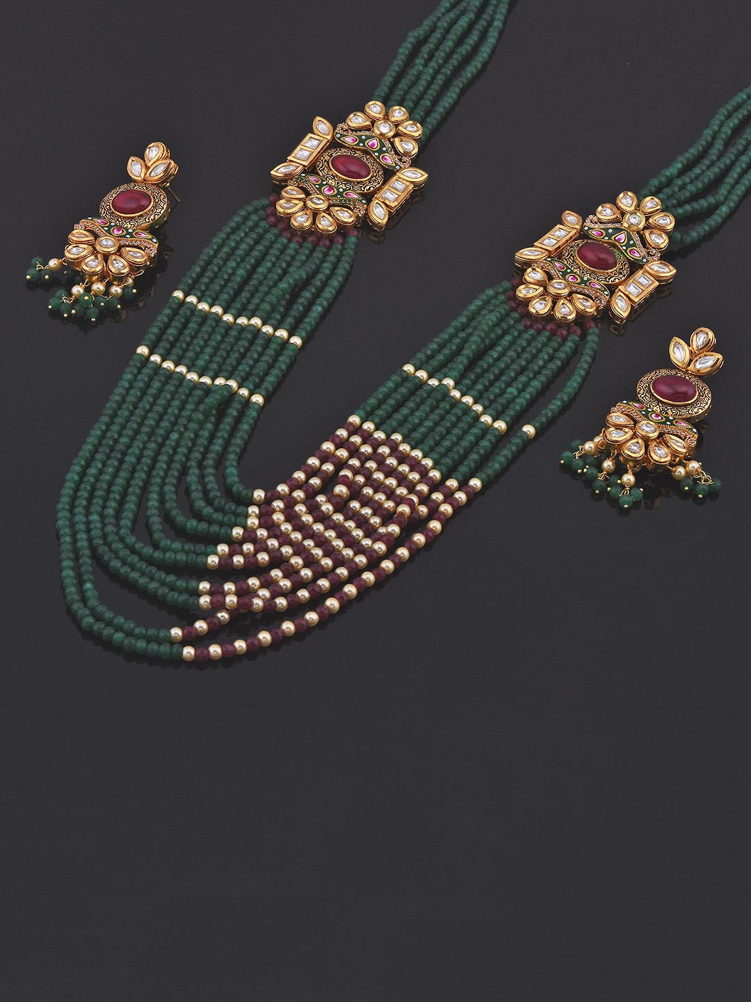 

Tistabene Green Traditional Kundan Meenakari and Pearls Designer Necklace Set