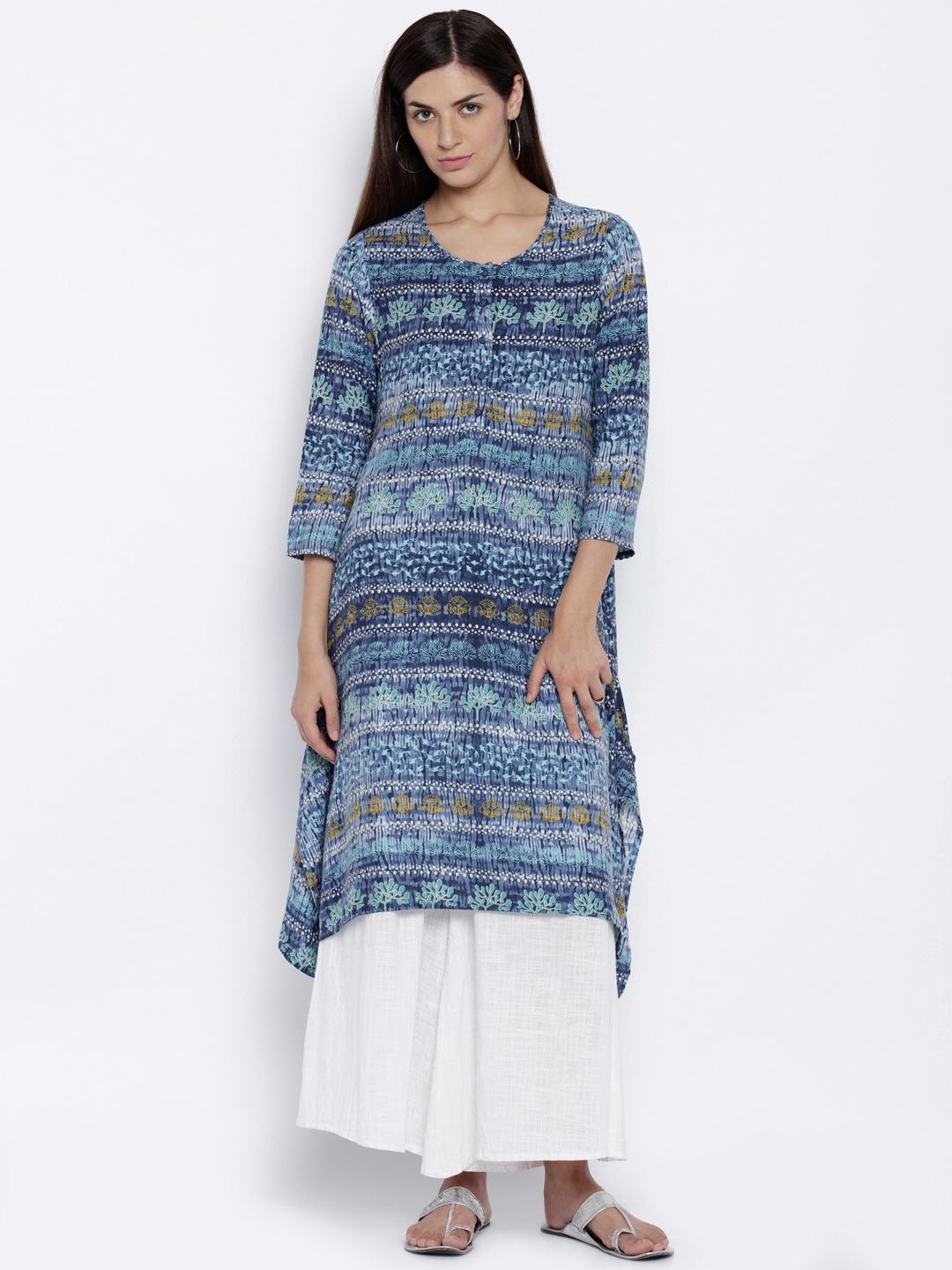 

Global Desi Women Blue Printed A-Line Kurta