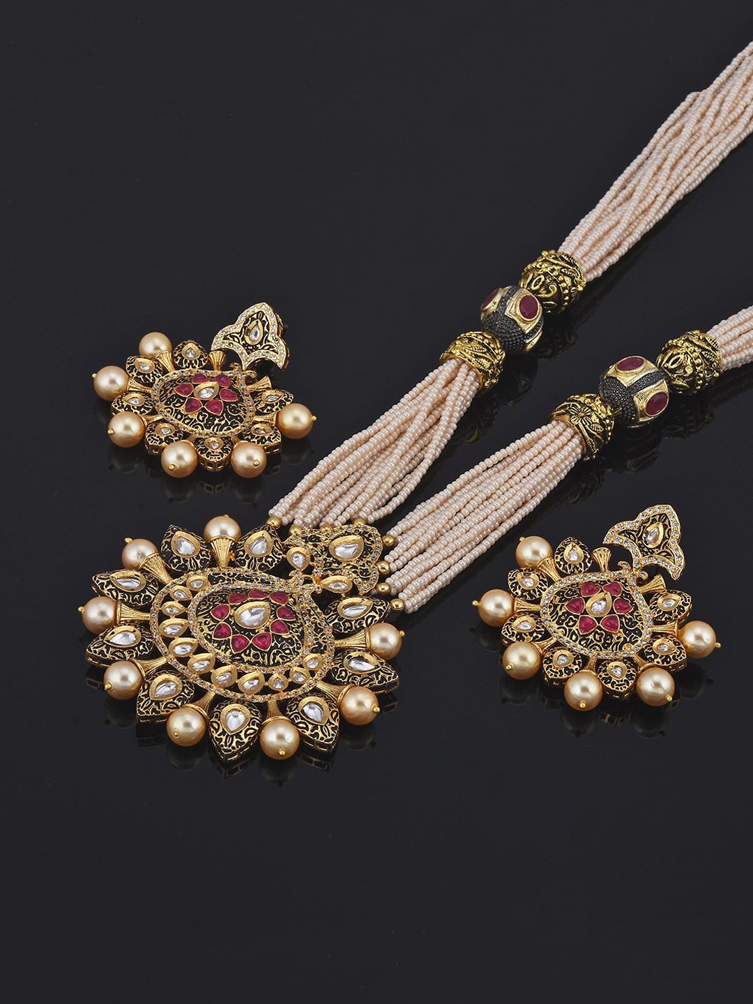 

Tistabene Gold-Plated White & Red Stone-Studded & Beaded Antique Jewellery Set