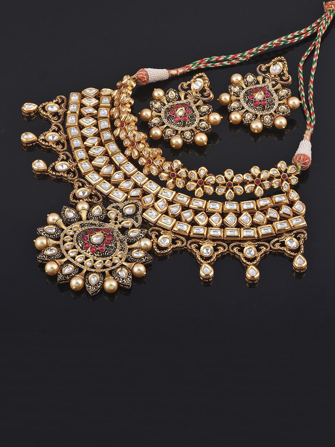 

Tistabene Red & Gold Toned Bridal Kundan Meena Antique Heavy Necklace Set