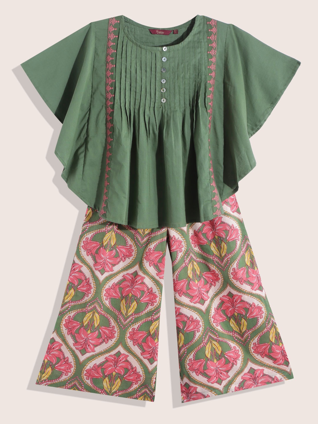 

Sangria Girls Green & Peach-Coloured Pure Cotton Floral Print Embroidered Top with Palazzo