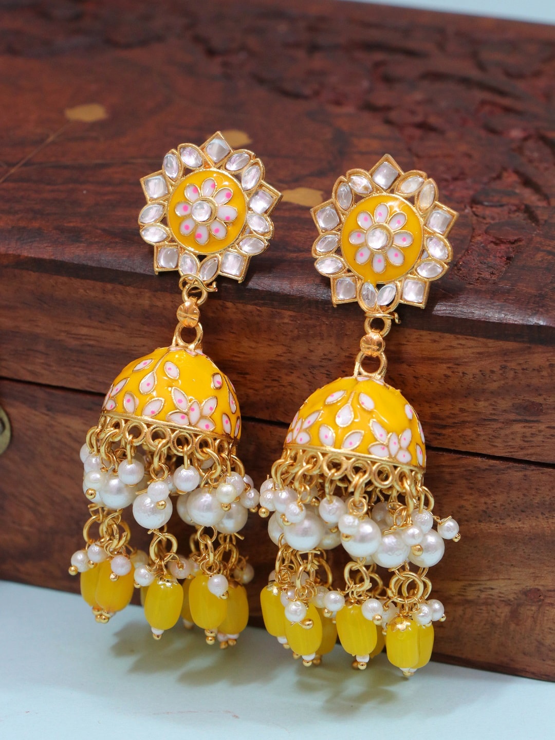

Crunchy Fashion Yellow Contemporary Gold-Plated Jhumkas Earrings