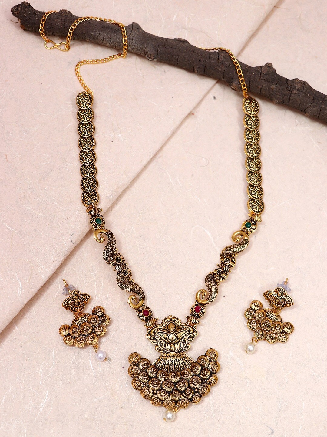 

Crunchy Fashion Oxidised Gold-Plated Green & Red Stone-Studded Antique Jewellery Set