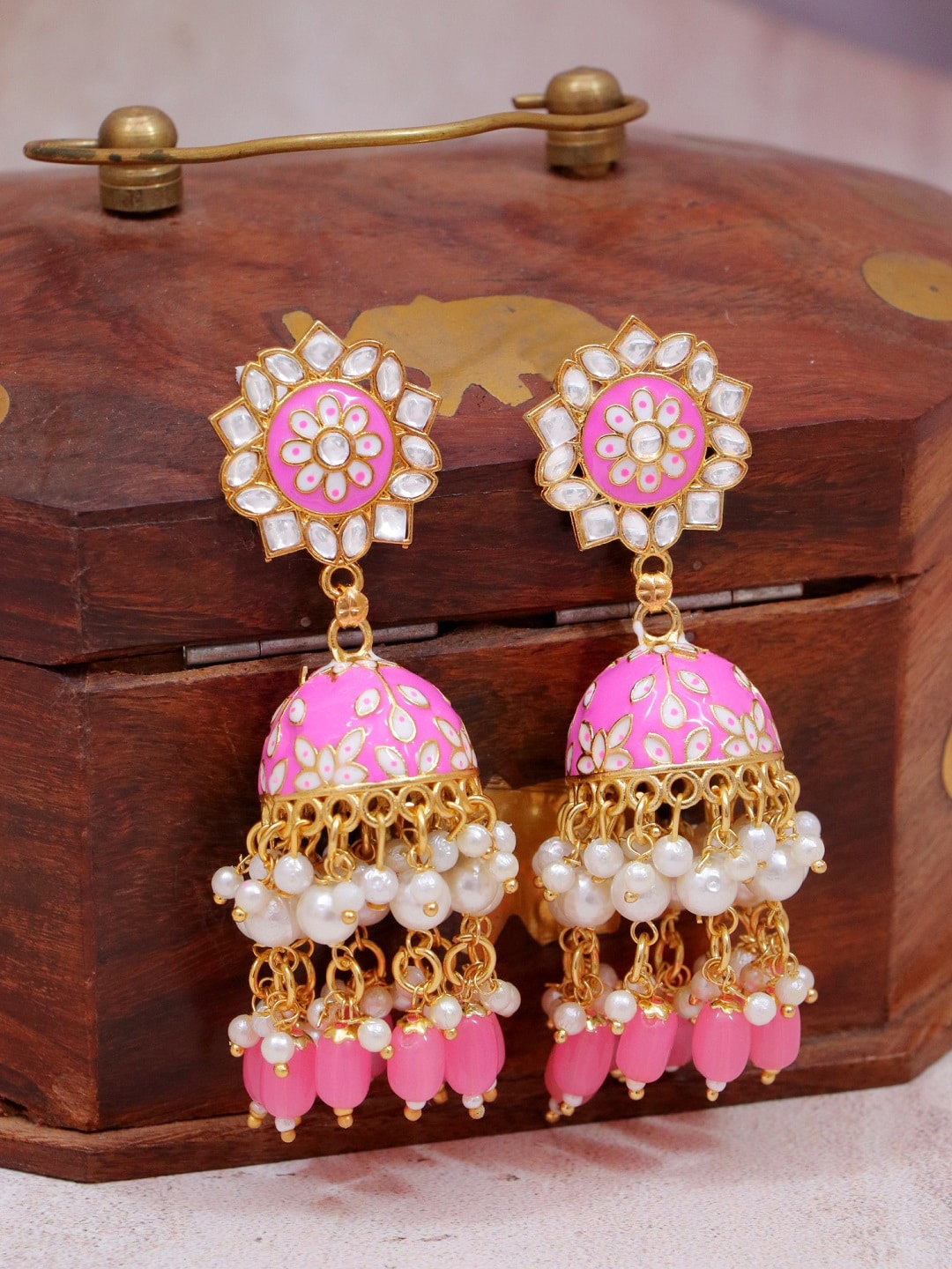 

Crunchy Fashion Pink Contemporary Gold-Plated Jhumkas Earrings