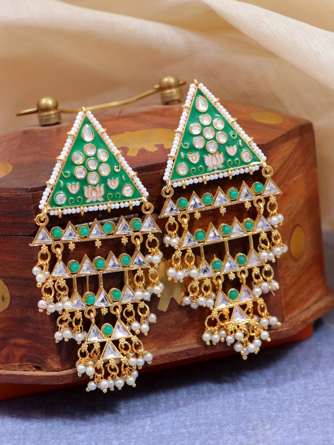 

Crunchy Fashion Green & Gold-Plated Geometric Drop Earrings