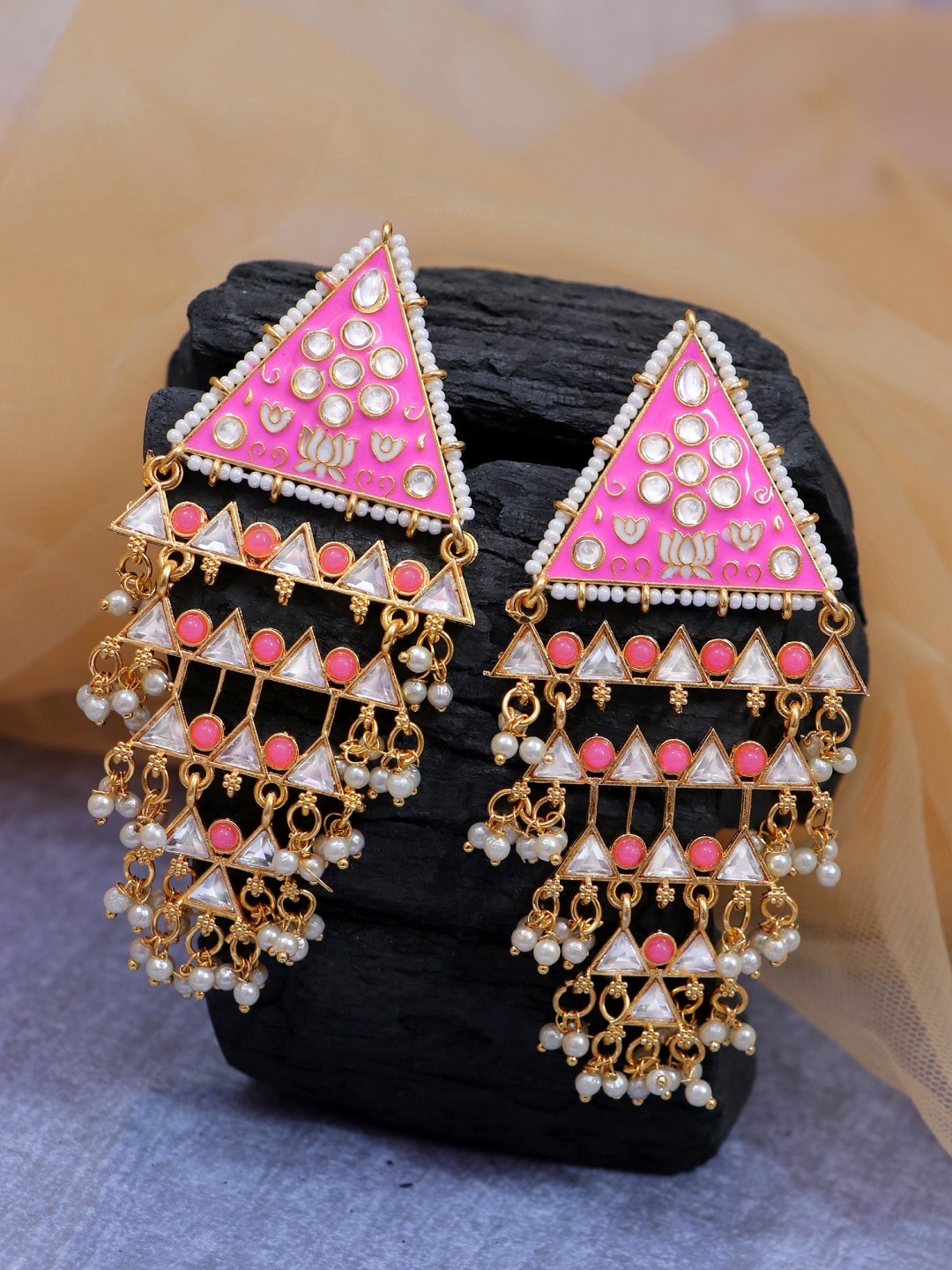 

Crunchy Fashion Pink Gold-Plated Meenakari Contemporary Drop Earrings