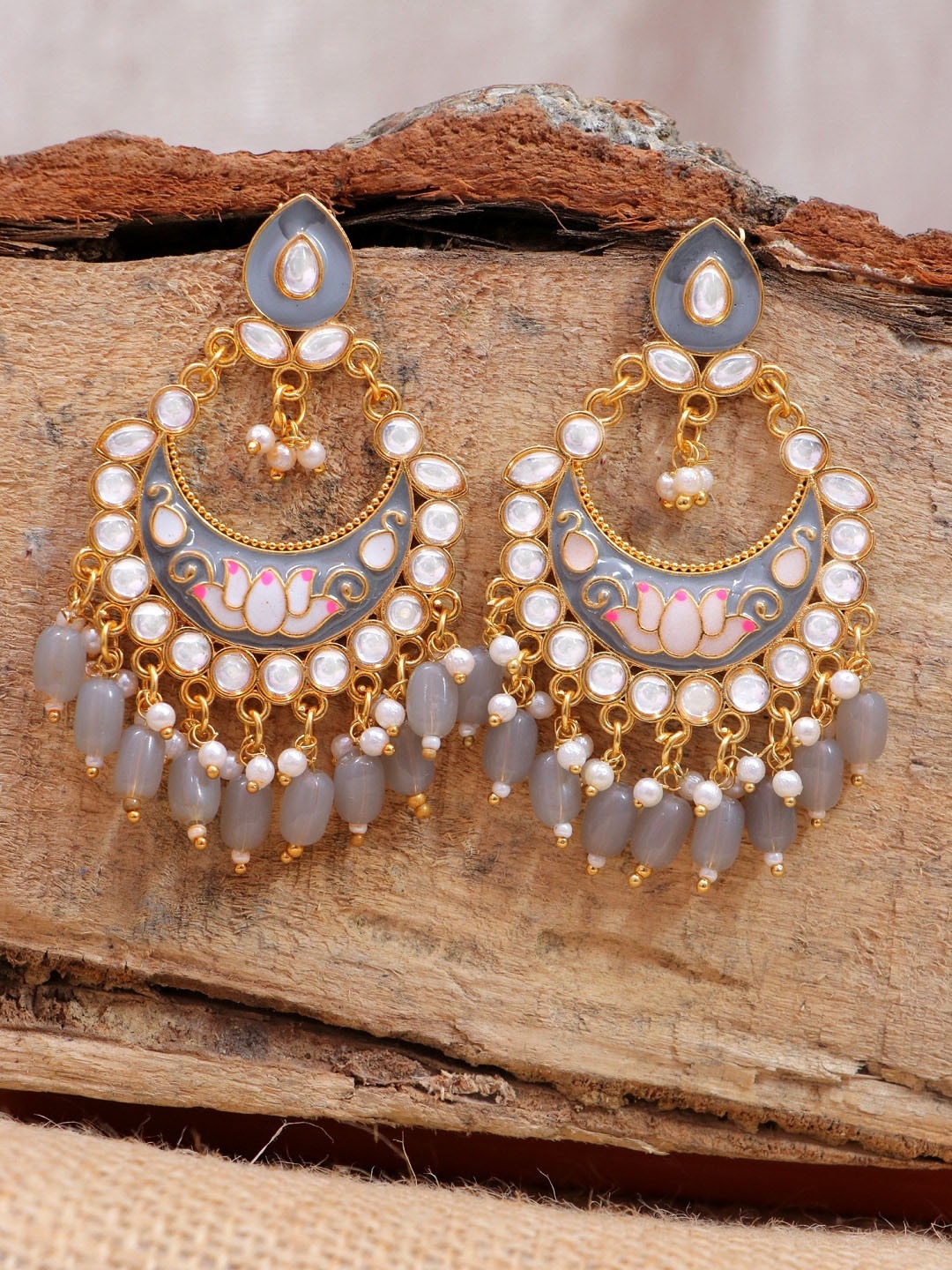 

Crunchy Fashion Grey & Gold-Plated Crescent Shaped Chandbalis Earrings