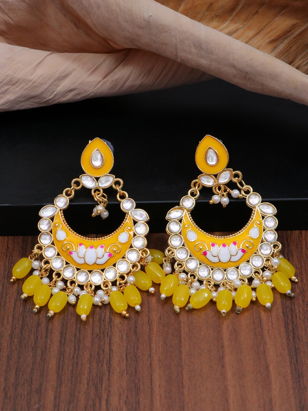 

Crunchy Fashion Yellow Gold-Plated Kundan Studded Chandbalis Earrings