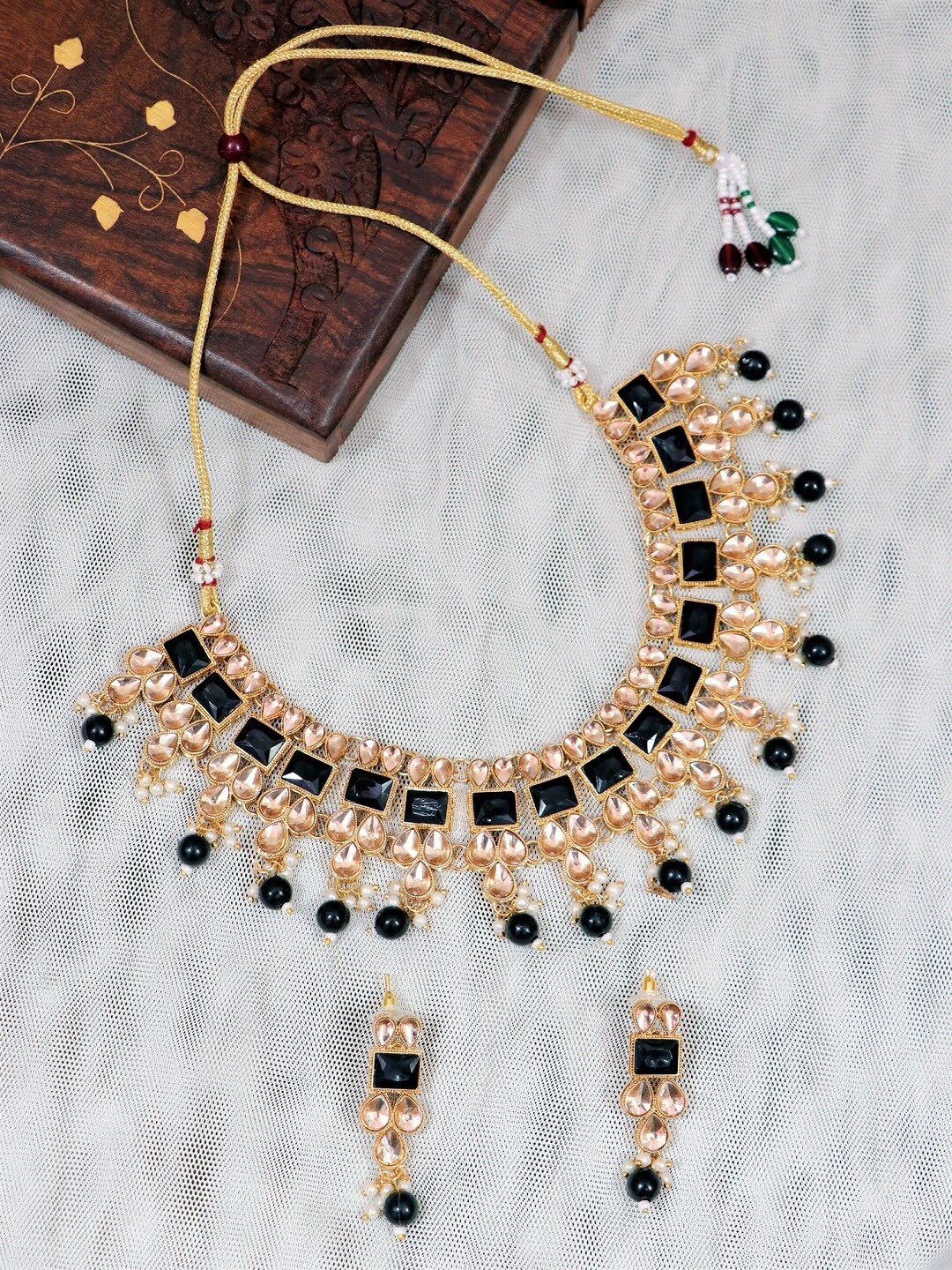 

Crunchy Fashion Gold-Plated Black & Pink Stone Studded & Beaded Jewellery Set