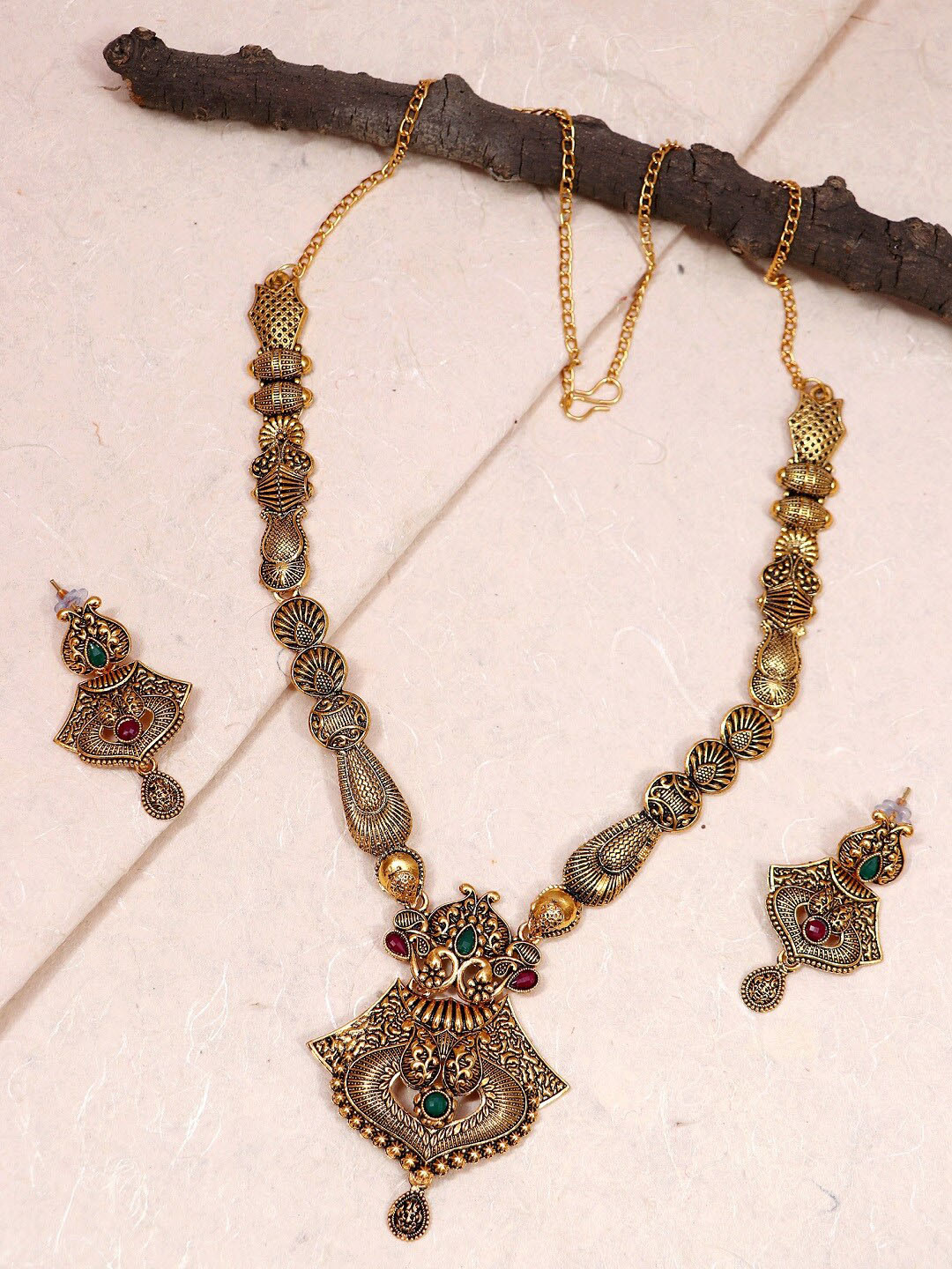 

Crunchy Fashion Gold-Plated Pink & Green Stone-Studded Jewellery Set