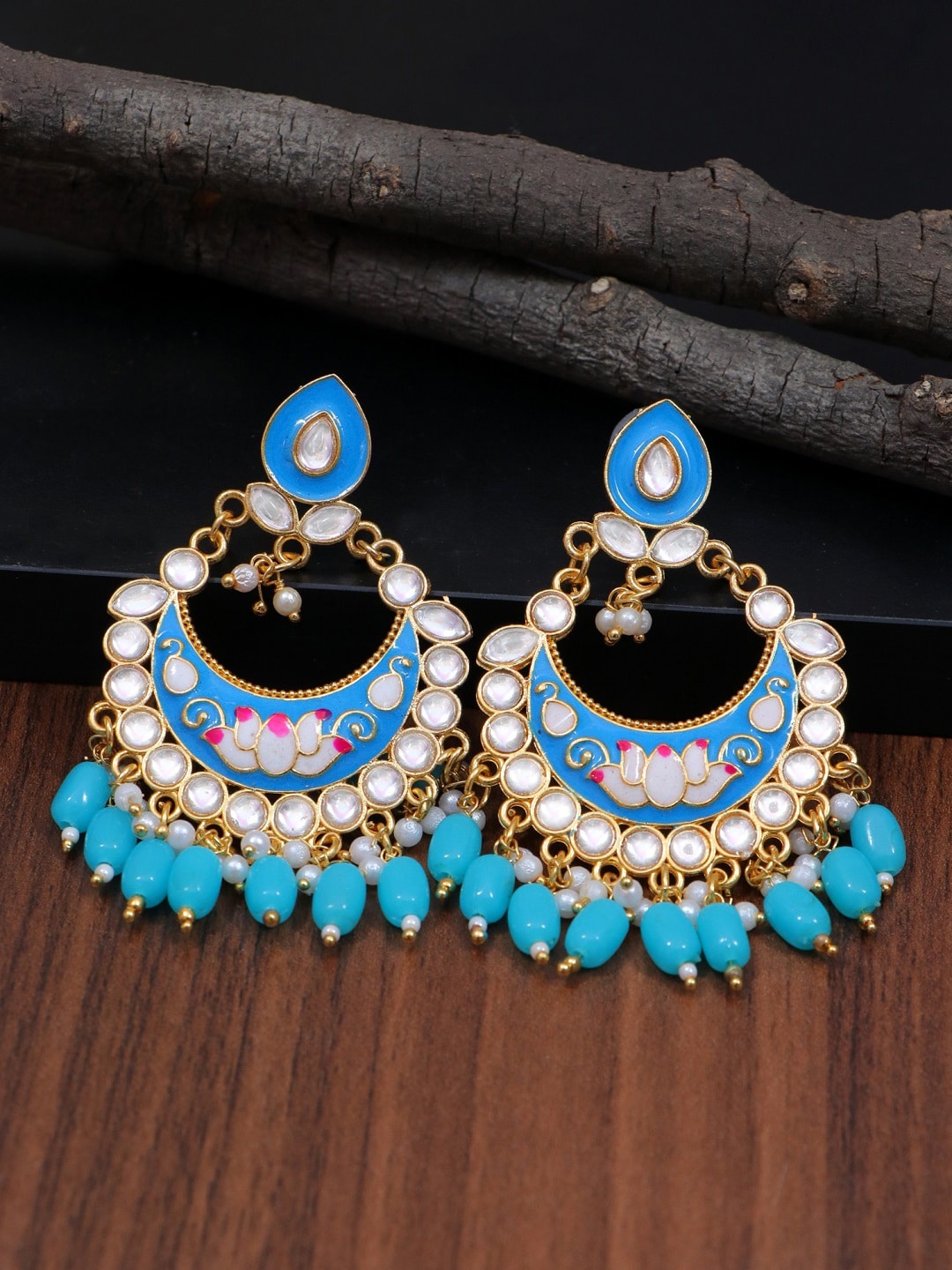 

Crunchy Fashion Gold-Plated Blue Contemporary Enamelled Chandbalis Earrings