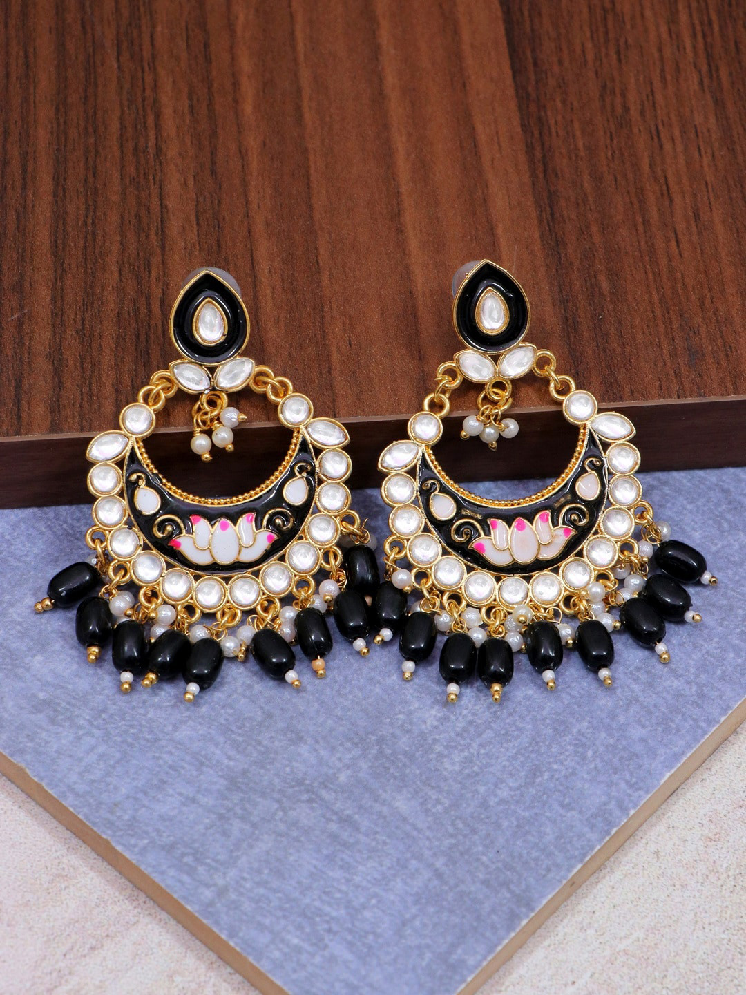 

Crunchy Fashion Gold-Plated Black Contemporary Chandbalis Earrings
