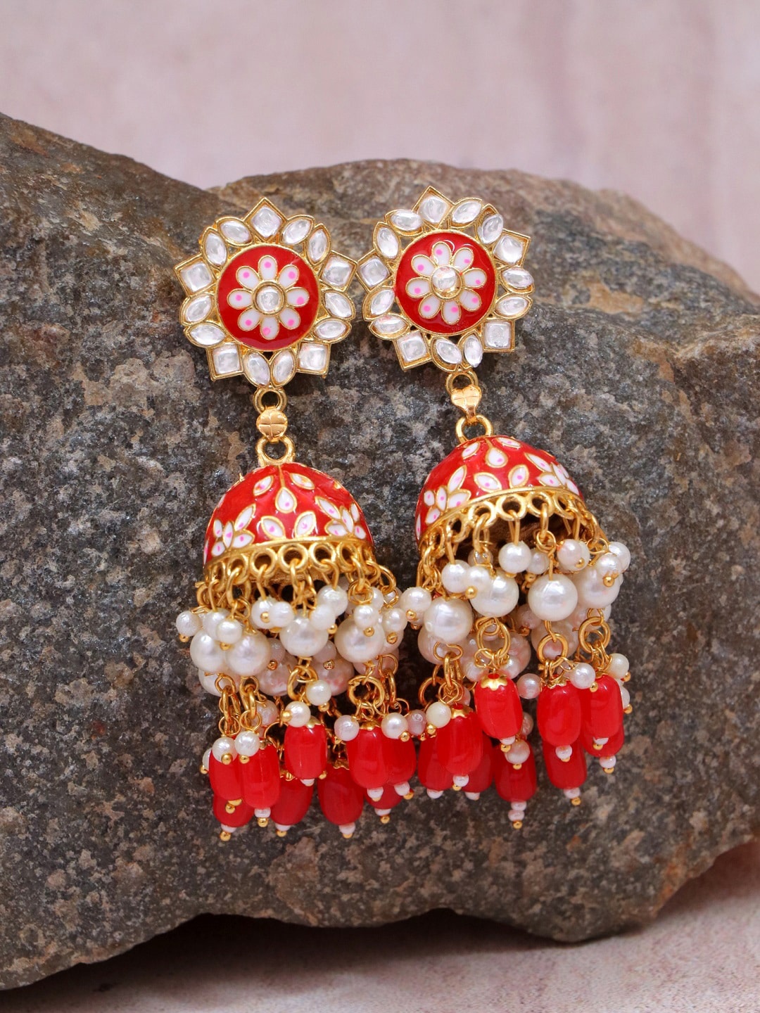 

Crunchy Fashion Gold-Plated Red Contemporary Jhumkas