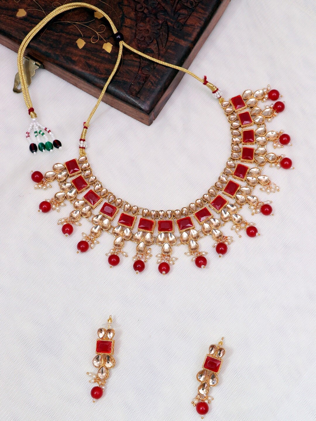 

Crunchy Fashion Gold-Plated Red & White Stone-Studded Beaded Jewellery Set