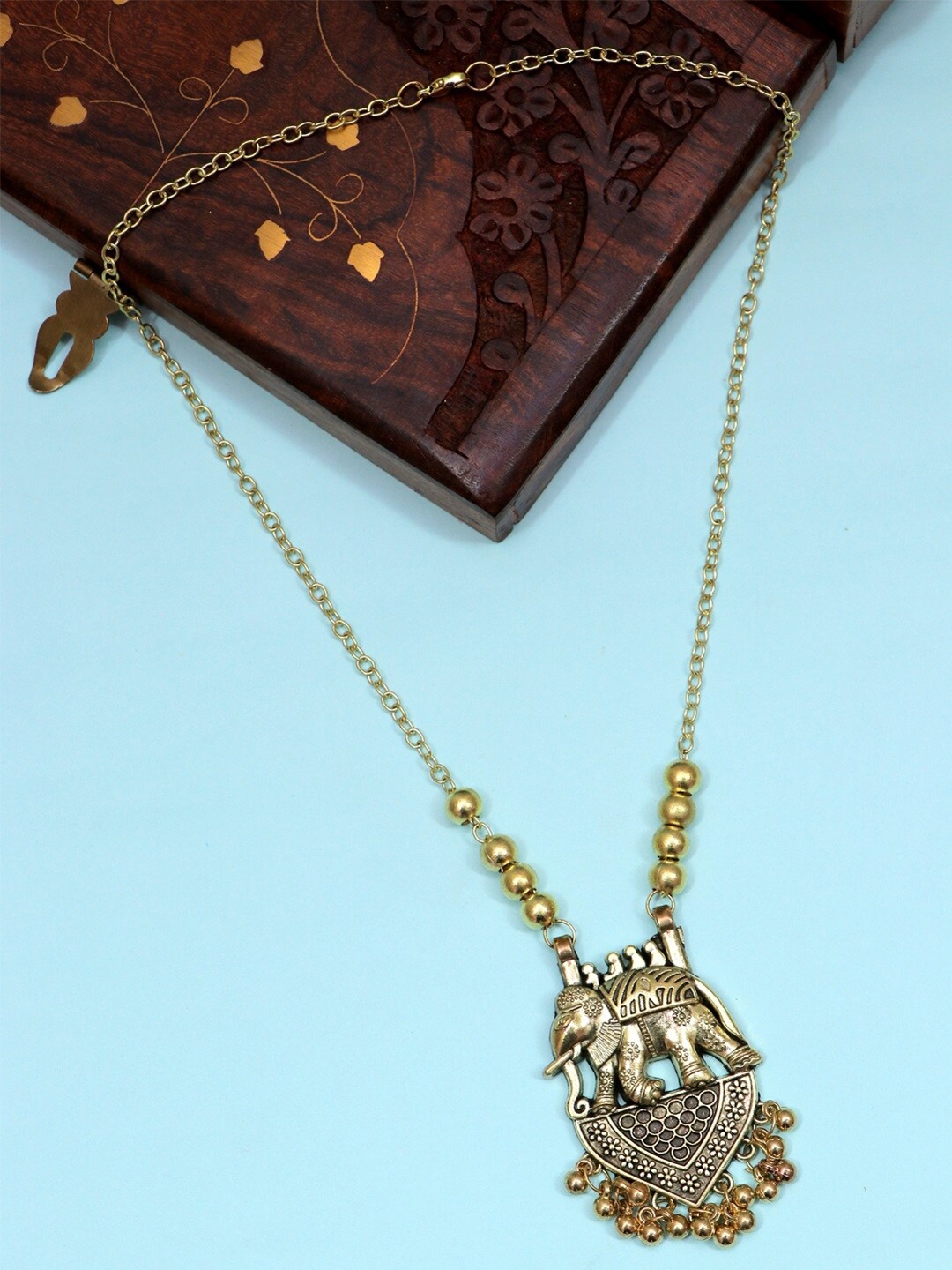 

Crunchy Fashion Women Gold-Toned Royal Elephant Long Oxidised Necklace