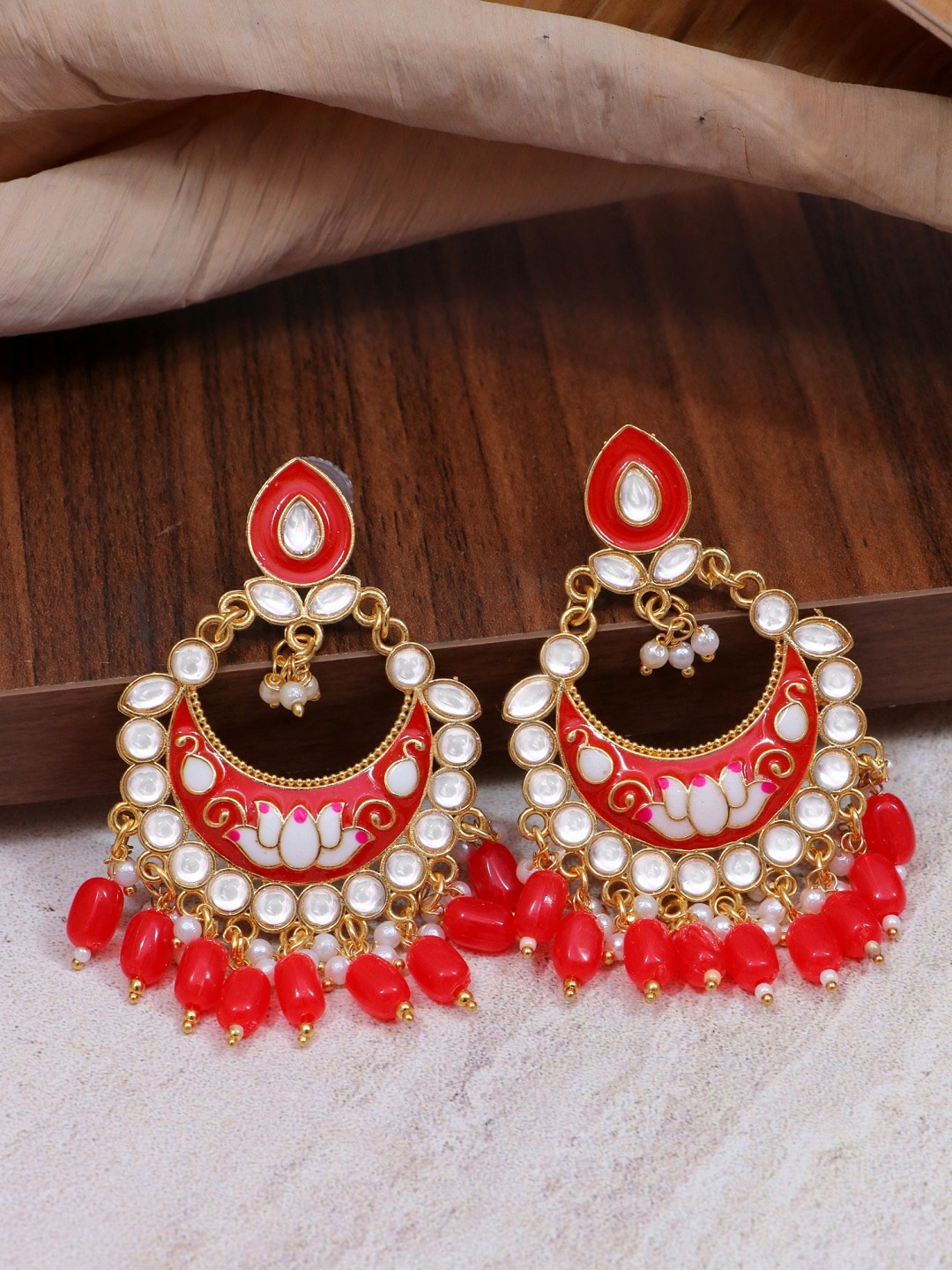 

Crunchy Fashion Red & Gold-Plated Contemporary Kundan-Studded Chandbalis Earrings