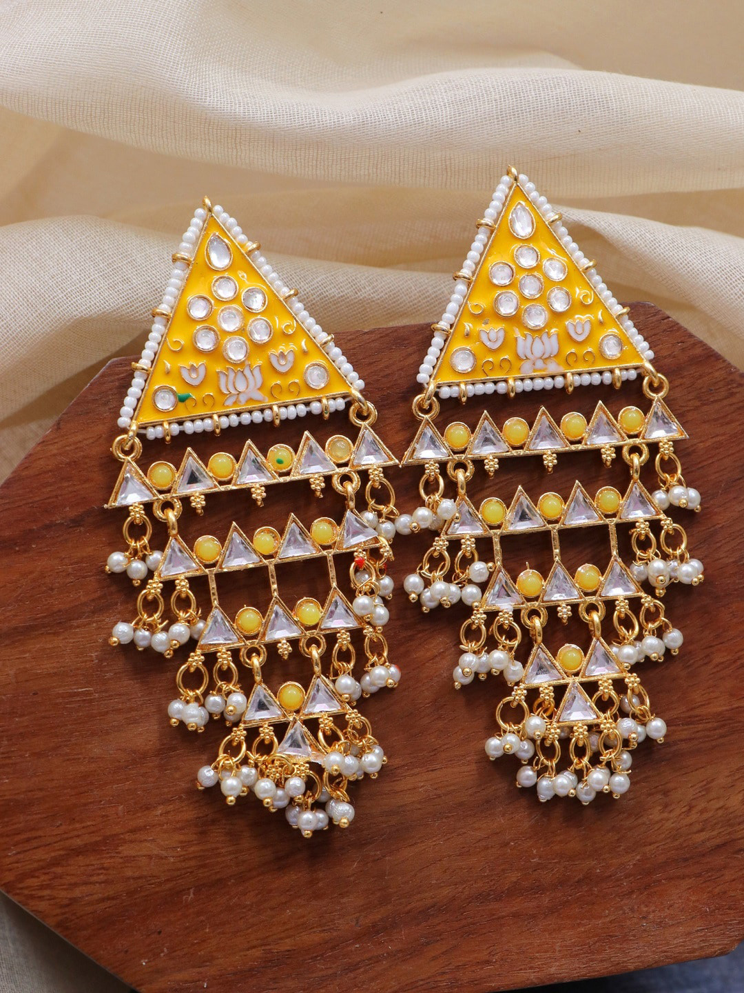 

Crunchy Fashion Yellow & White Gold Plated Enamelled Triangular Drop Earrings